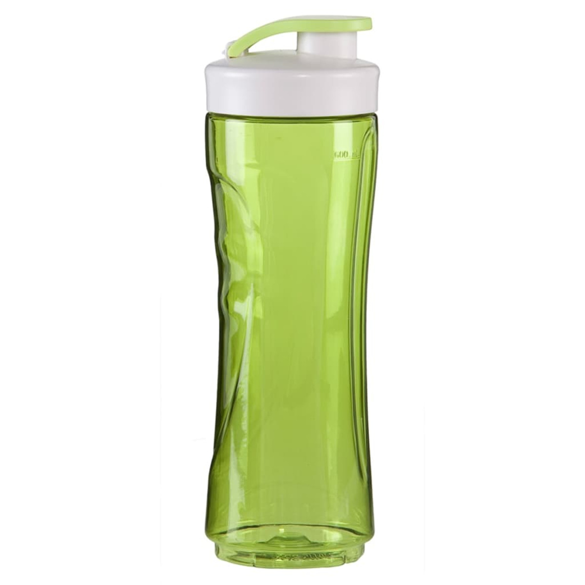 Una bottiglia d'acqua verde con un coperchio bianco. Lo sfondo è bianco.