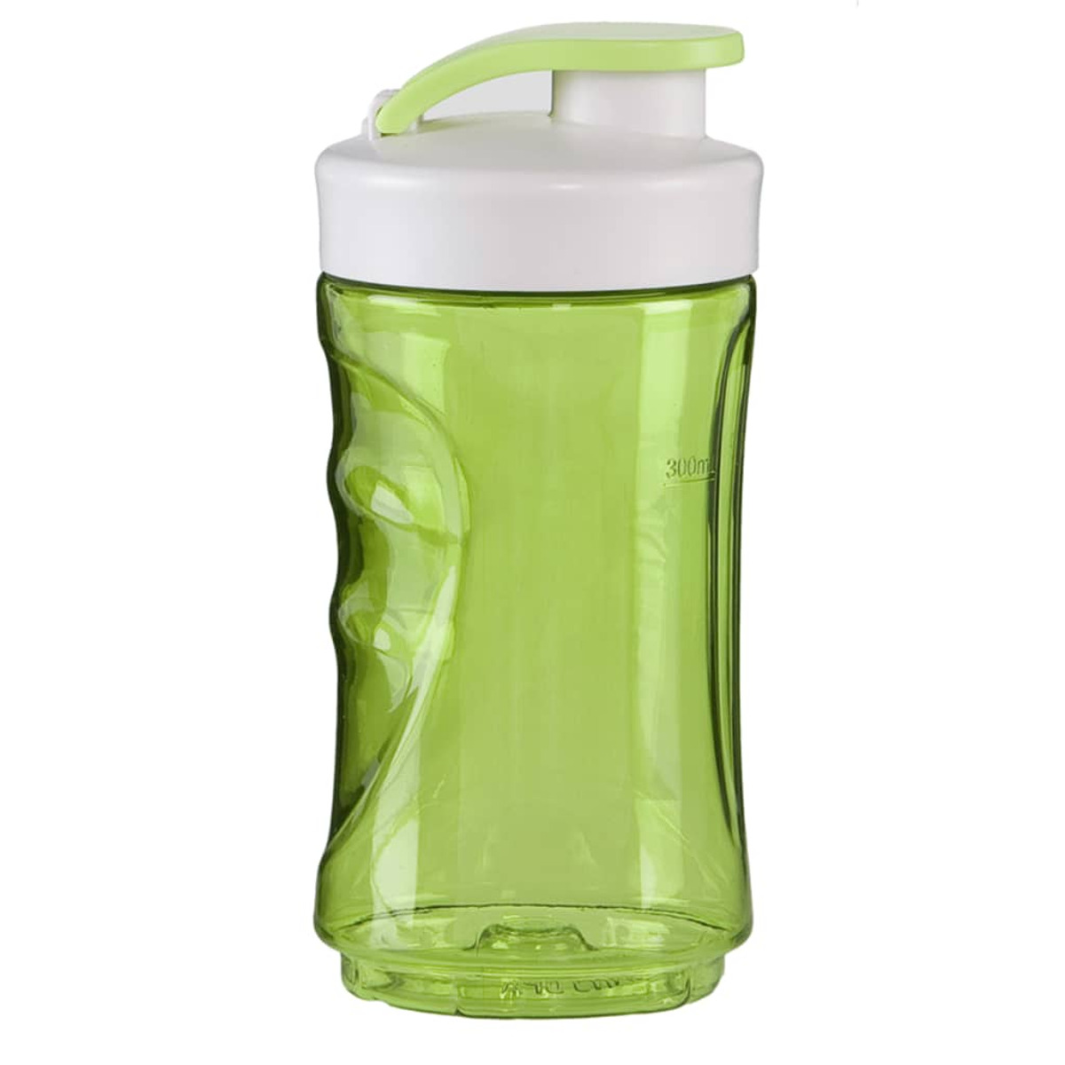 Bottiglia d'acqua verde e bianca con manico, la bottiglia è trasparente e ha una misurazione sul lato.