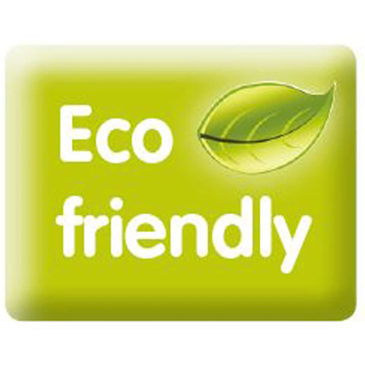 Un quadrato verde con le parole "Eco friendly" e una foglia su sfondo bianco.
