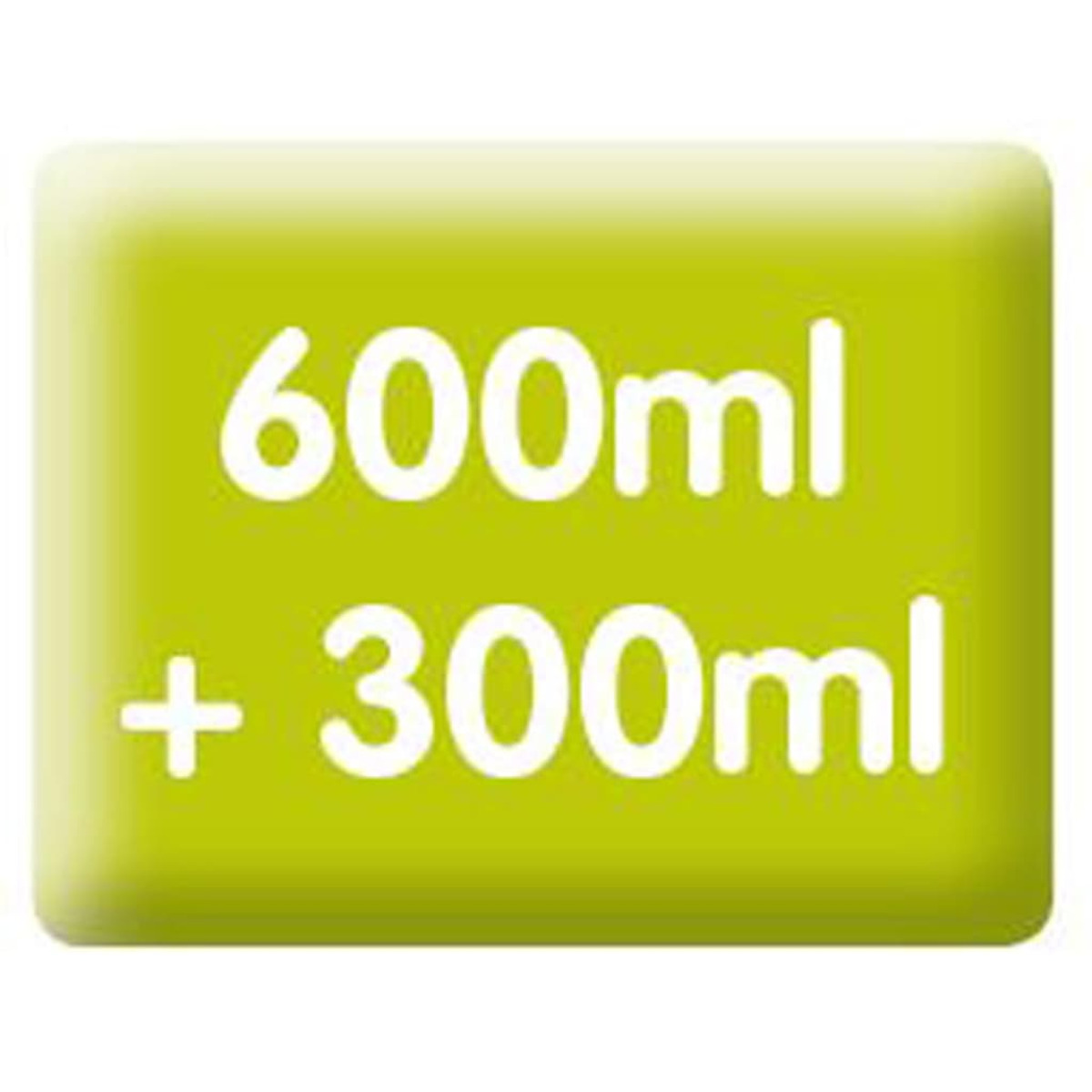 Un'etichetta verde con il testo '600ml + 300ml' in bianco, che indica la capacità.