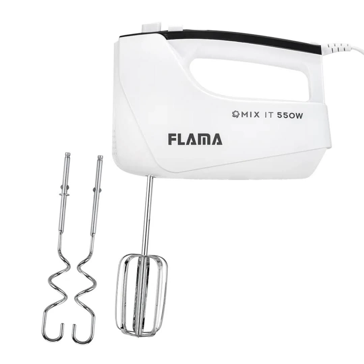 Batidora de mano Flama blanca con batidores. Texto: Mix It 550W. Aislado sobre fondo blanco.