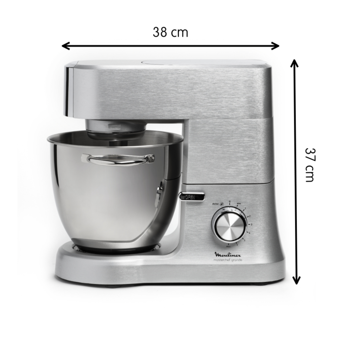 Ein silberner Küchenmixer mit den Maßen 38cm x 37cm auf weißem Hintergrund.