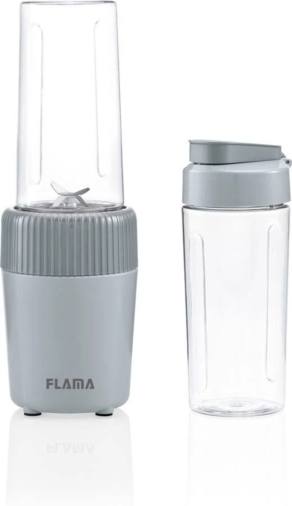 Un frullatore con una base grigio chiaro e una tazza trasparente. Accanto c'è una seconda tazza trasparente.