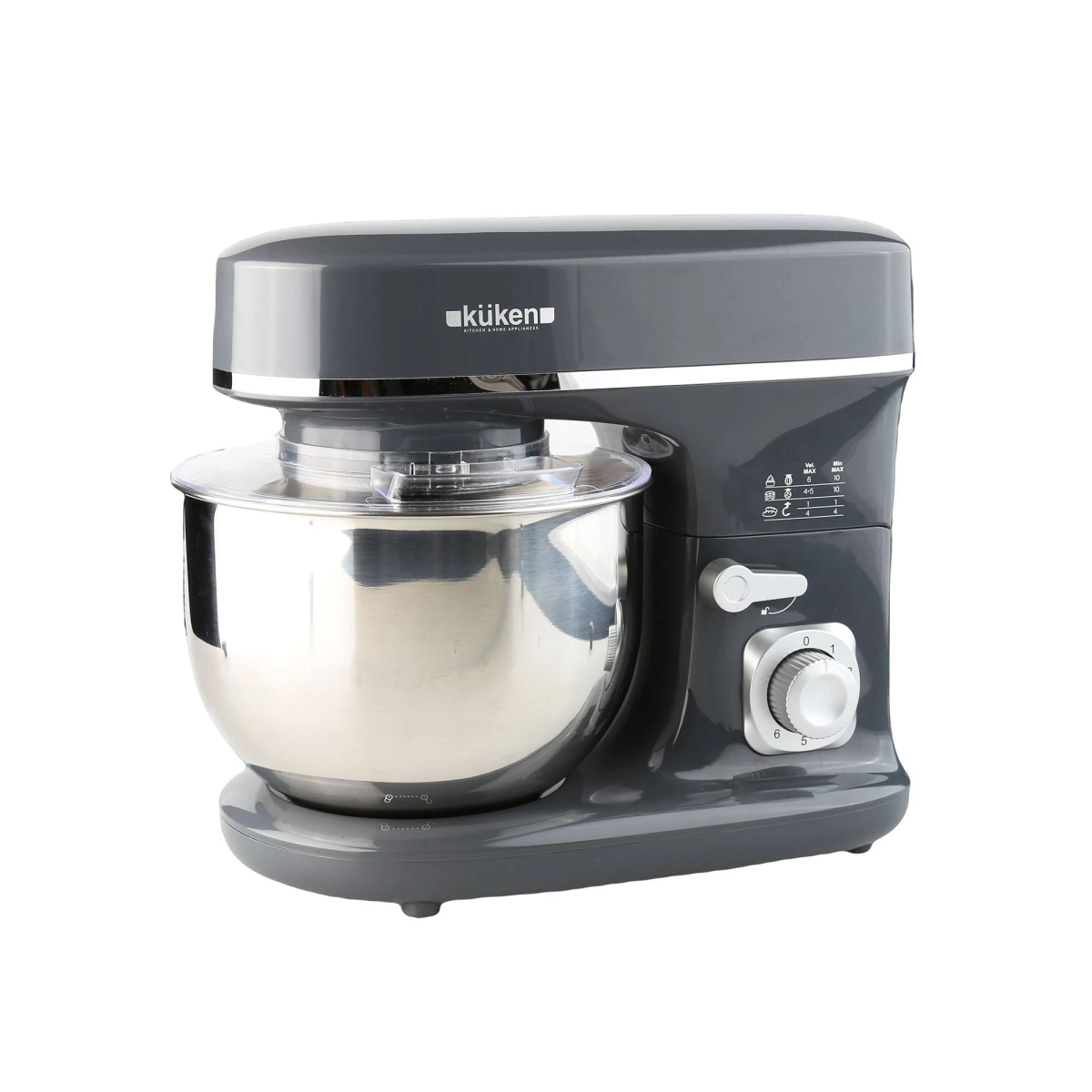 Impastatrice grigia con ciotola in acciaio inox, pannello comandi e accessori su bianco.