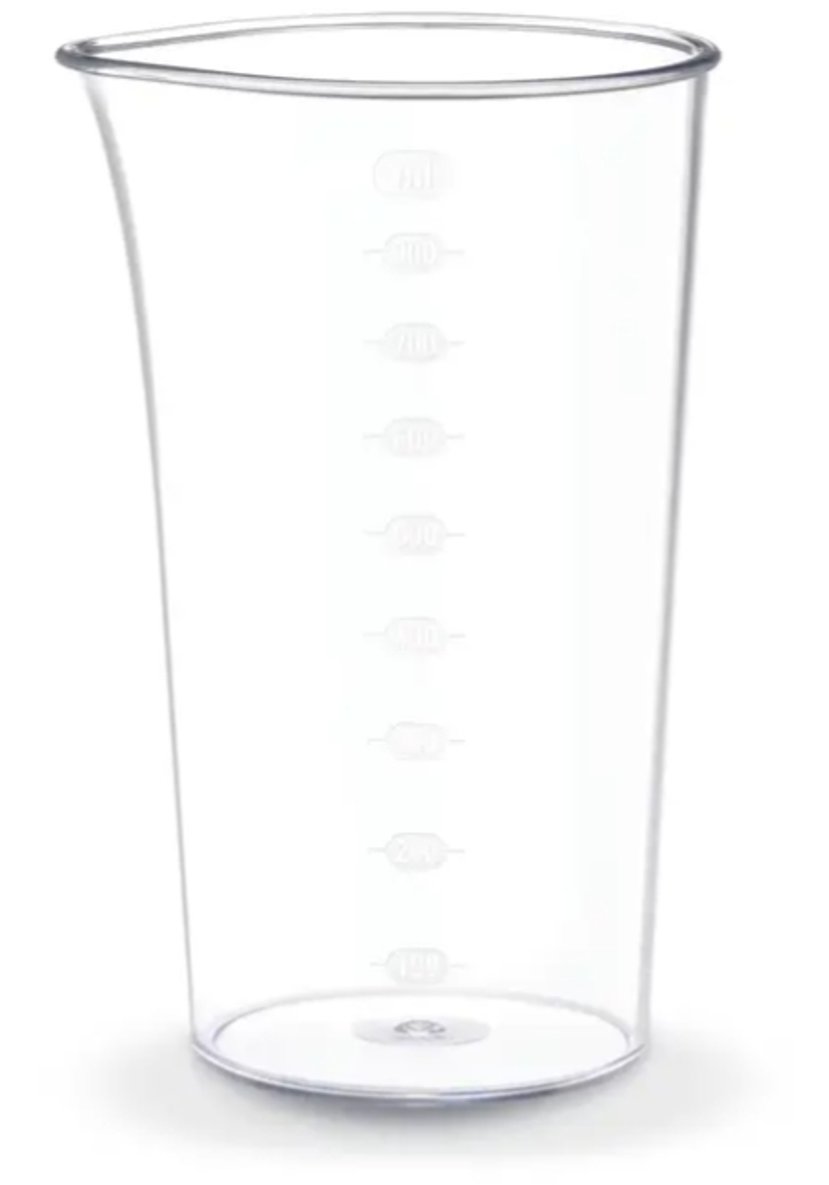 Przezroczysty, stopniowany kubek z widocznymi oznaczeniami wskazującymi objętość.