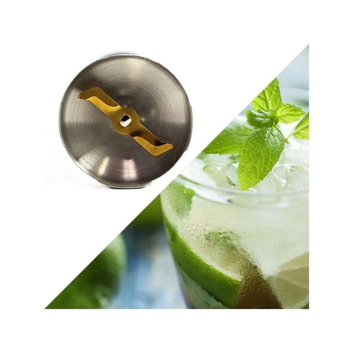 Una imagen de primer plano de una cuchilla de licuadora junto a un vaso de mojito con lima y menta.