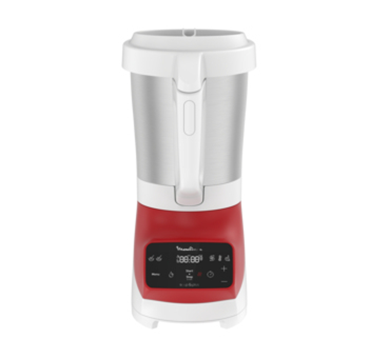 Robot da cucina rosso e bianco con display digitale. Sfondo bianco.