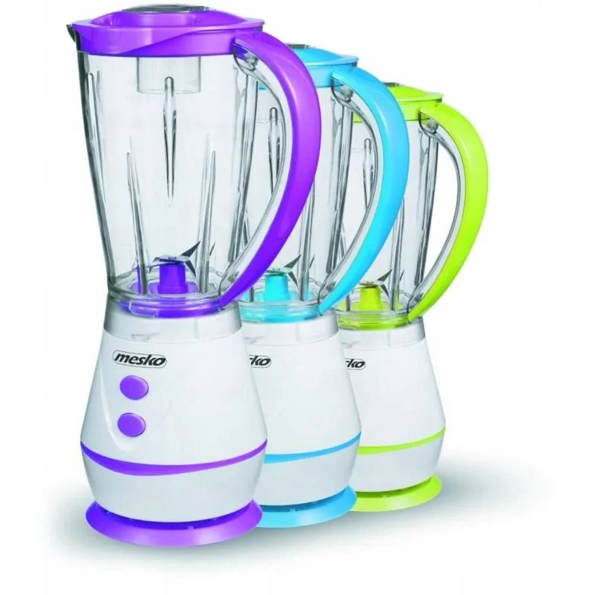 Drei Mixer, weiße Sockel mit lila, blauen und grünen Griffen.