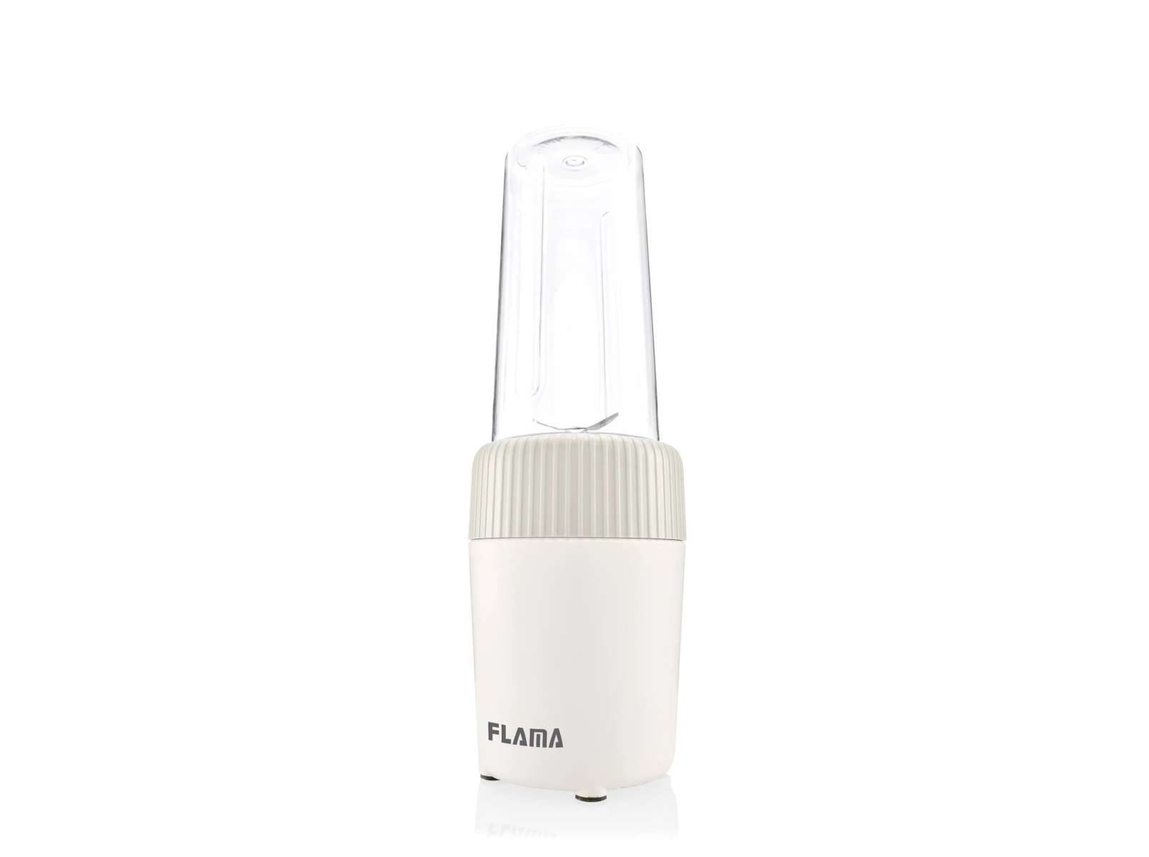 Licuadora blanca y transparente. La licuadora tiene una base blanca con 'FLAMA'.