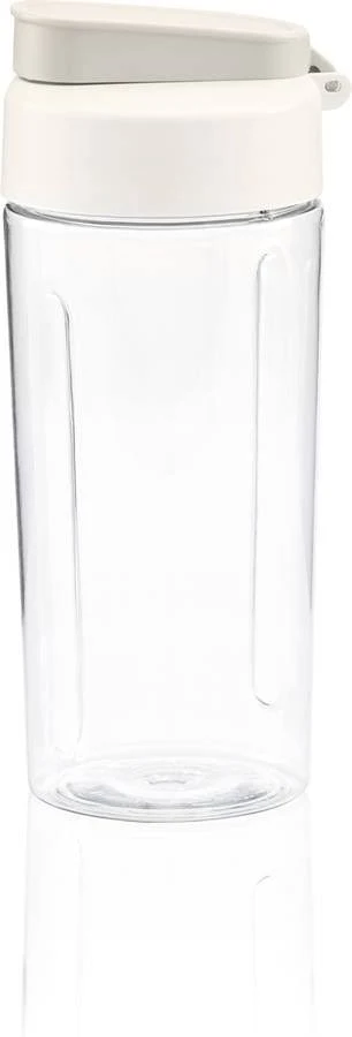 Botella de agua transparente con tapa blanca. La botella es transparente y tiene un diseño simple y elegante.