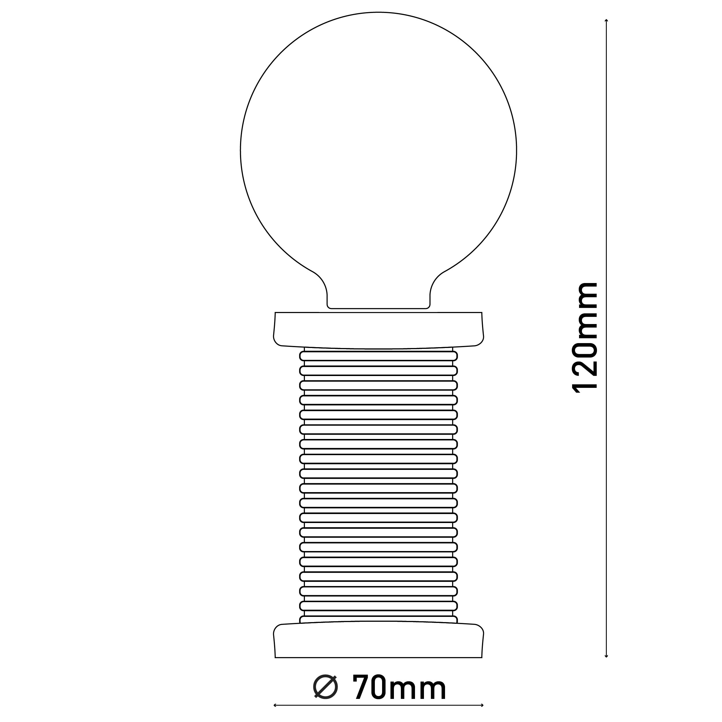 Strichzeichnung einer Lampe mit rundem Oberteil, geripptem Sockel und Maßen.