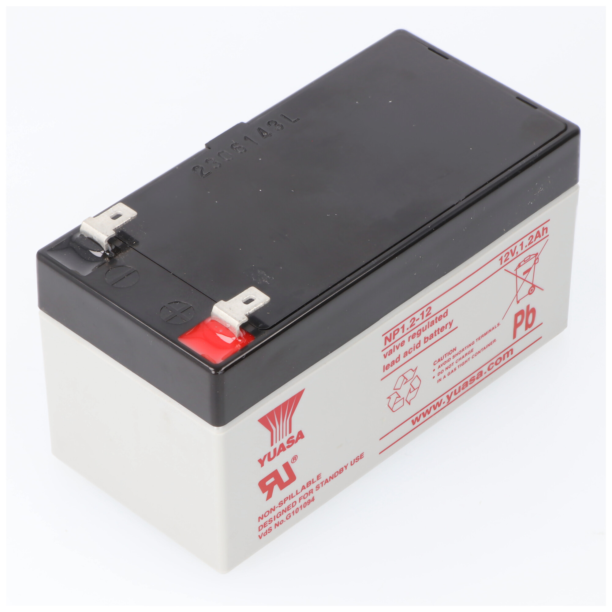 Rechteckige Batterie mit schwarzer Oberseite und weißen Seiten. Text auf der Seite und ein roter Anschluss.