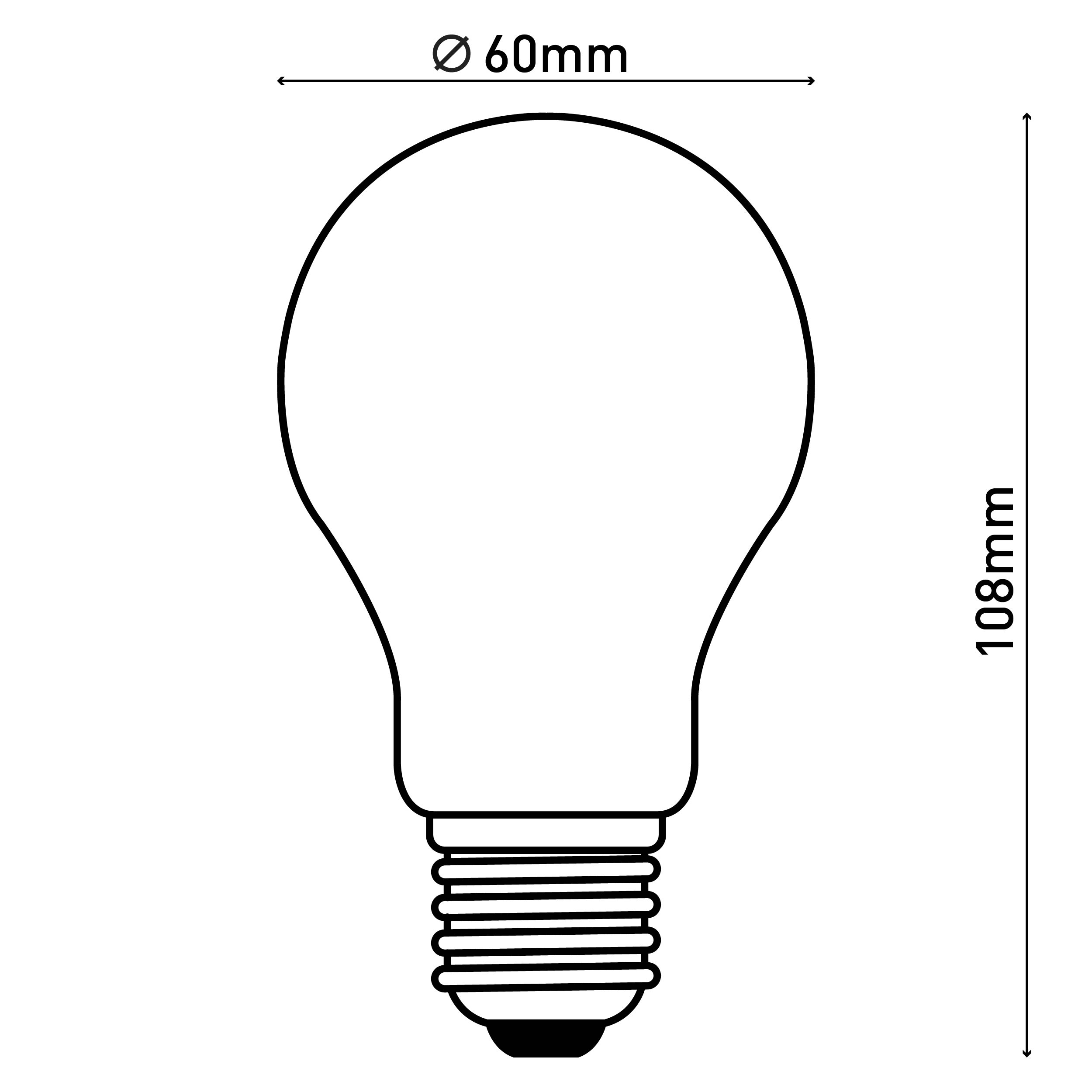 Glühbirnenumriss mit Maßen: 60 mm Durchmesser und 108 mm Höhe.
