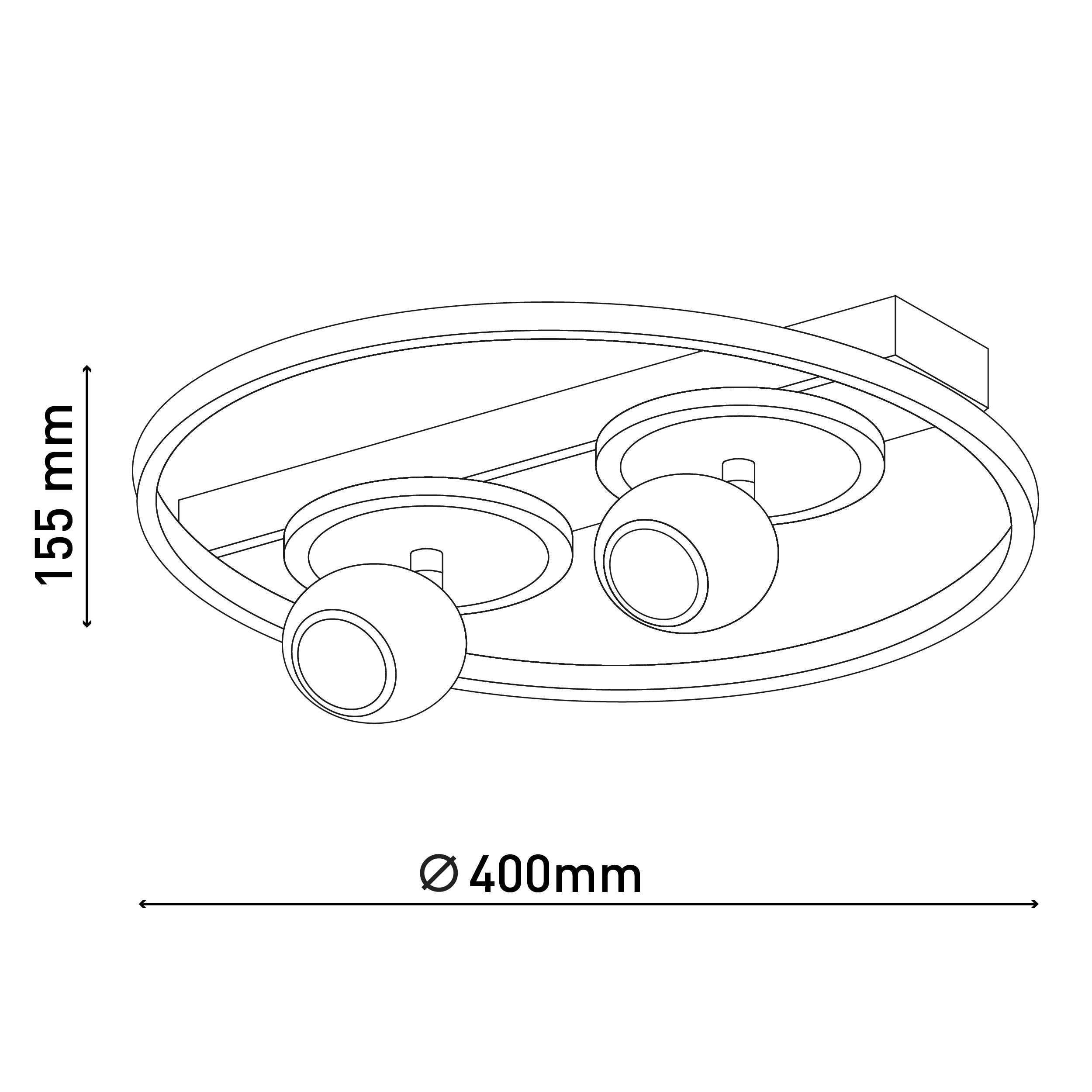 Diagramm einer Deckenleuchte mit zwei Leuchten, kreisförmiges Design. Abmessungen sind angegeben.