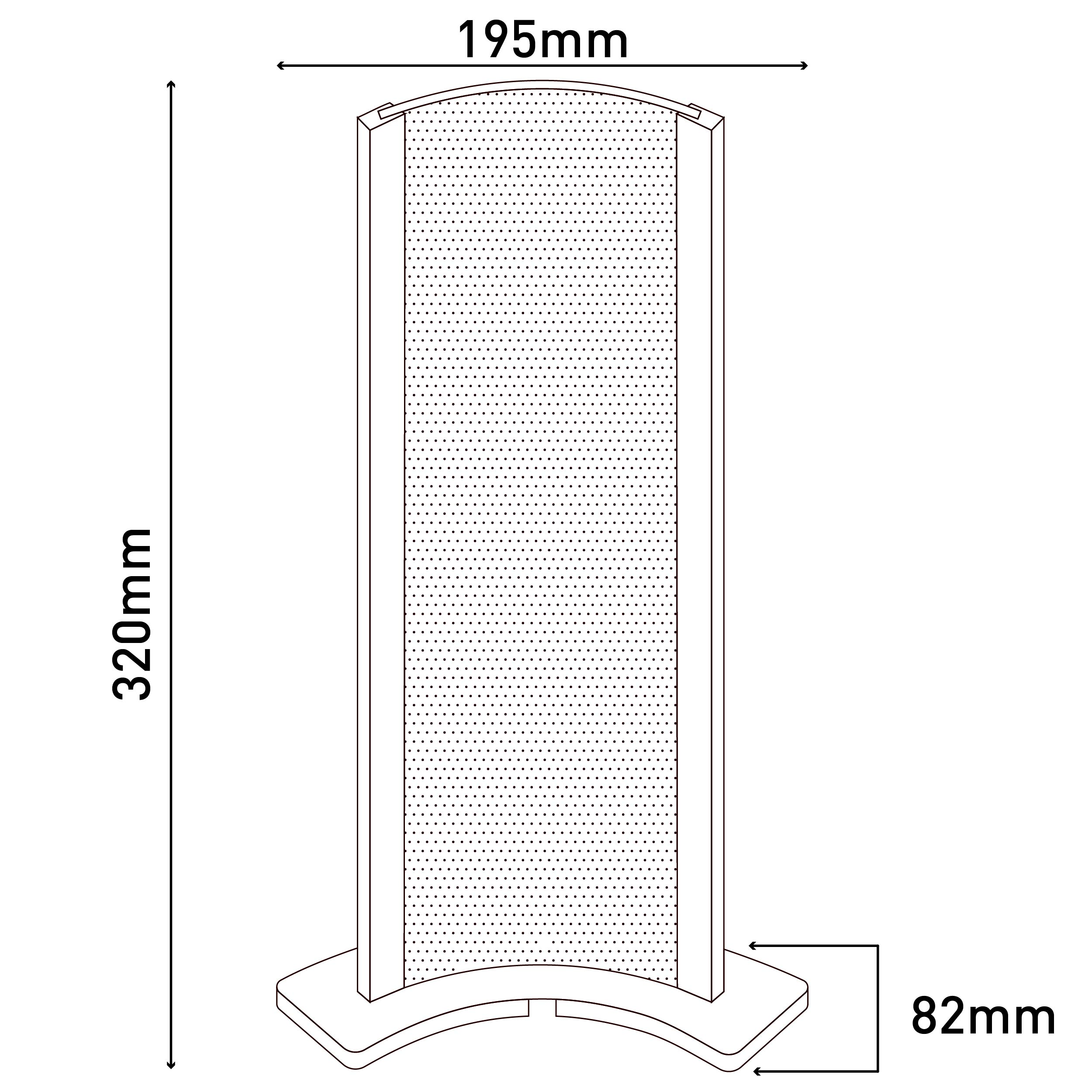 Ein Displayständer. Es hat eine perforierte Oberfläche und die Maße: 320 mm hoch, 195 mm breit und 82 mm tief.