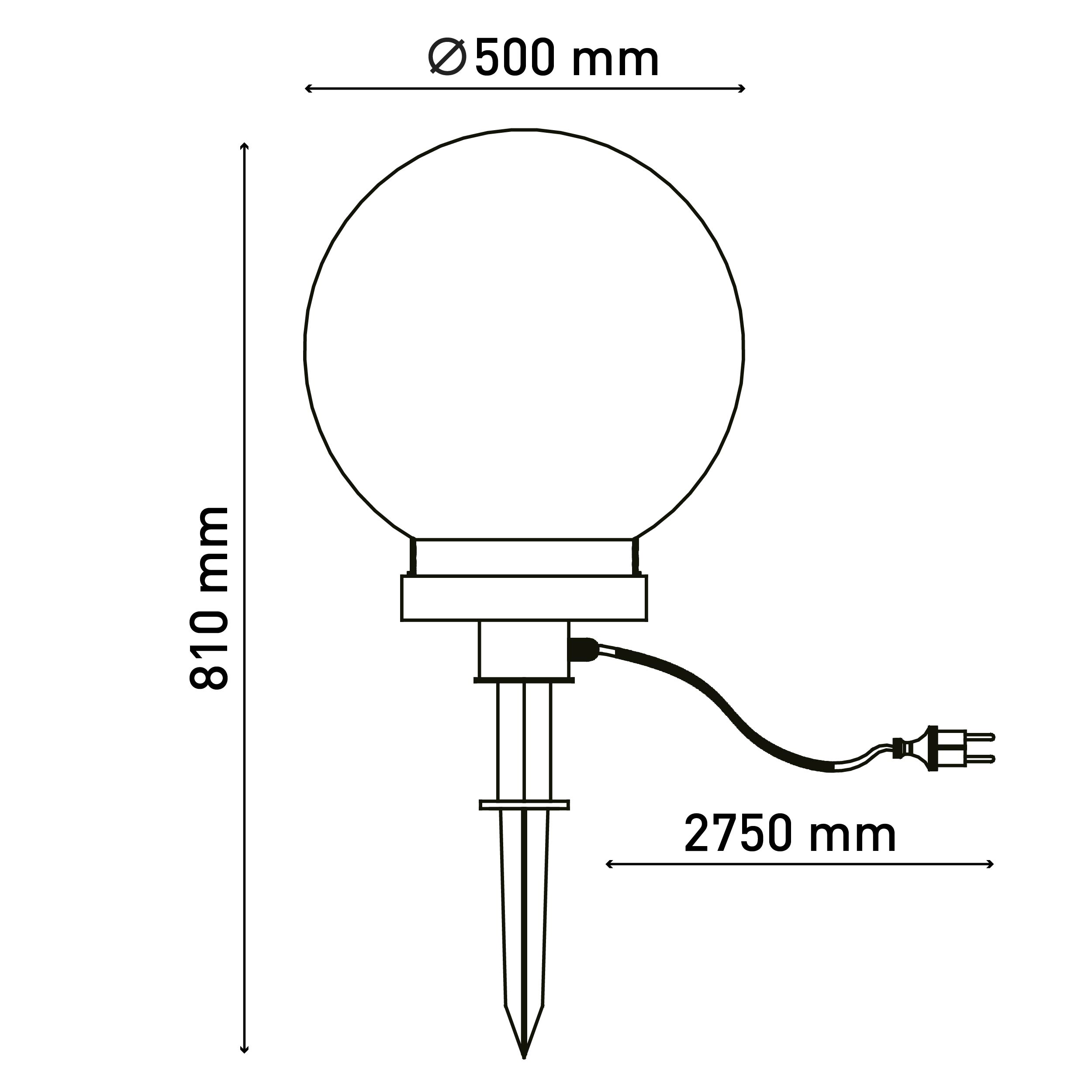 Eine weiß-schwarze schematische Darstellung einer Gartenlampe. Sie hat eine runde Kugel und einen Erdspieß.