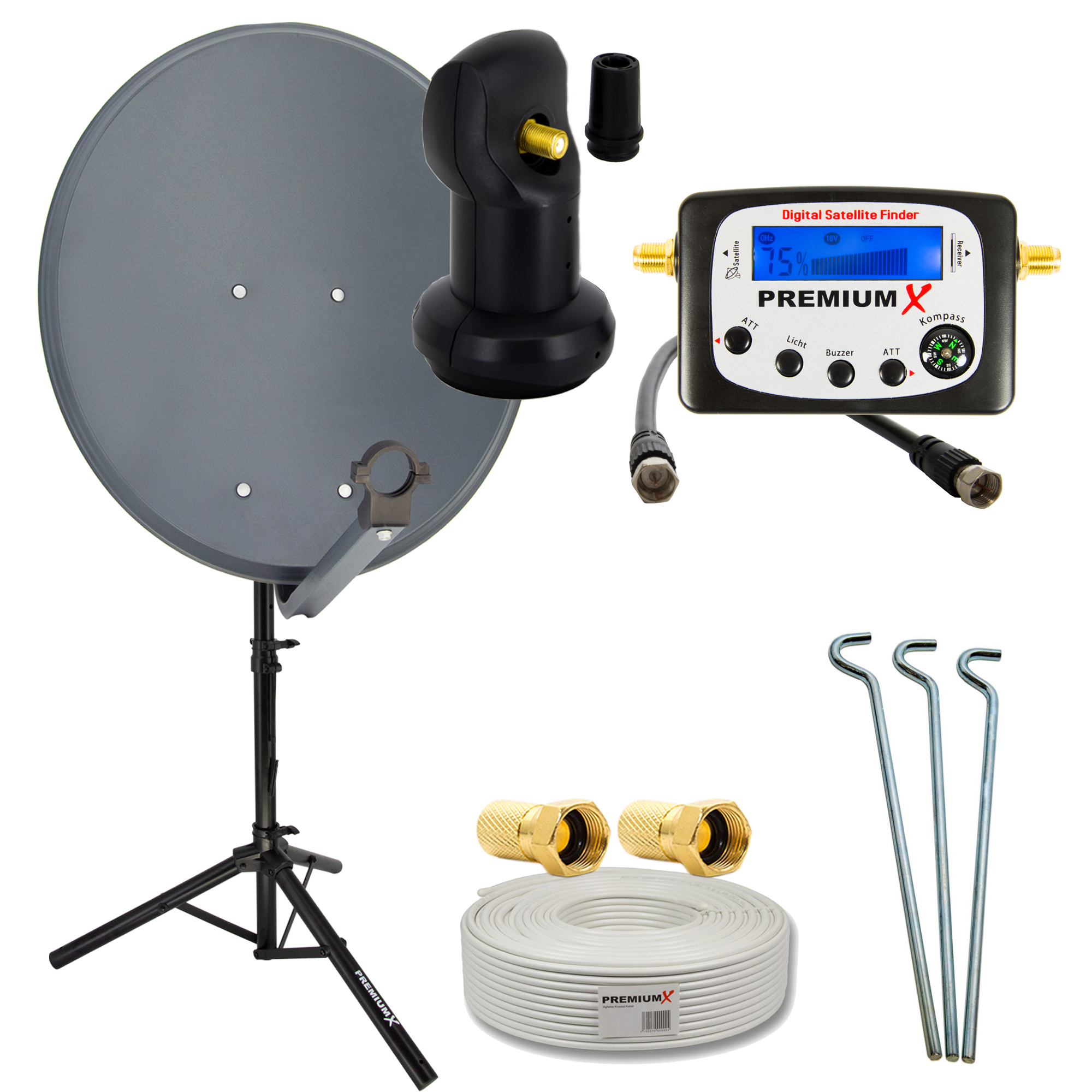 PREMIUMX SAT Anlage 60cm Antenne Anlage Single Sat Kabel Stativ cm, Single LNB) (60 Sat-Finder LNB