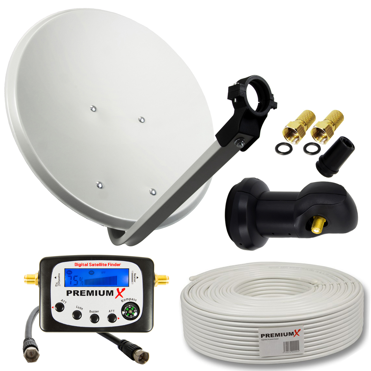 Satellitenschüssel, ein digitaler Satellitenfinder und andere Komponenten.