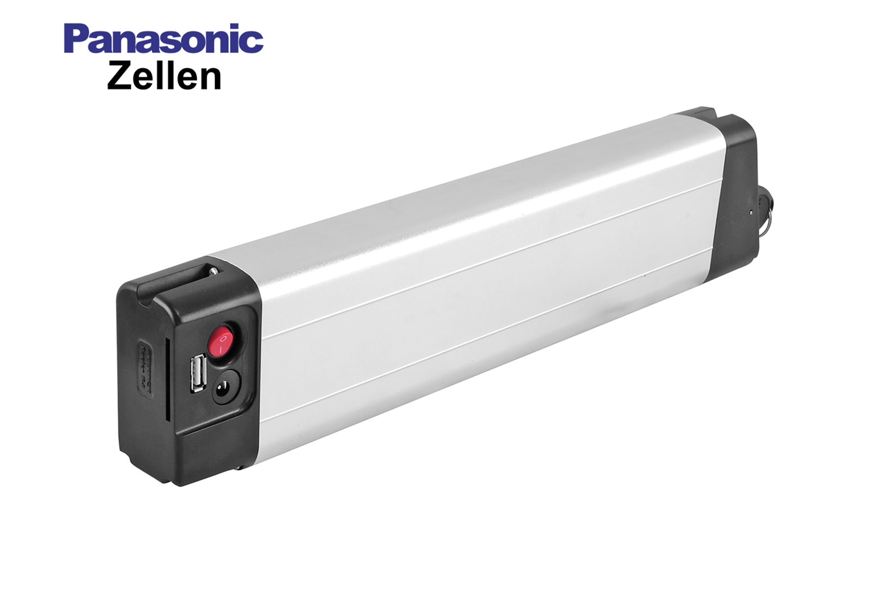 Silberne und schwarze rechteckige Batterie mit schwarzen Enden. Text 'Panasonic Zellen' ist sichtbar.