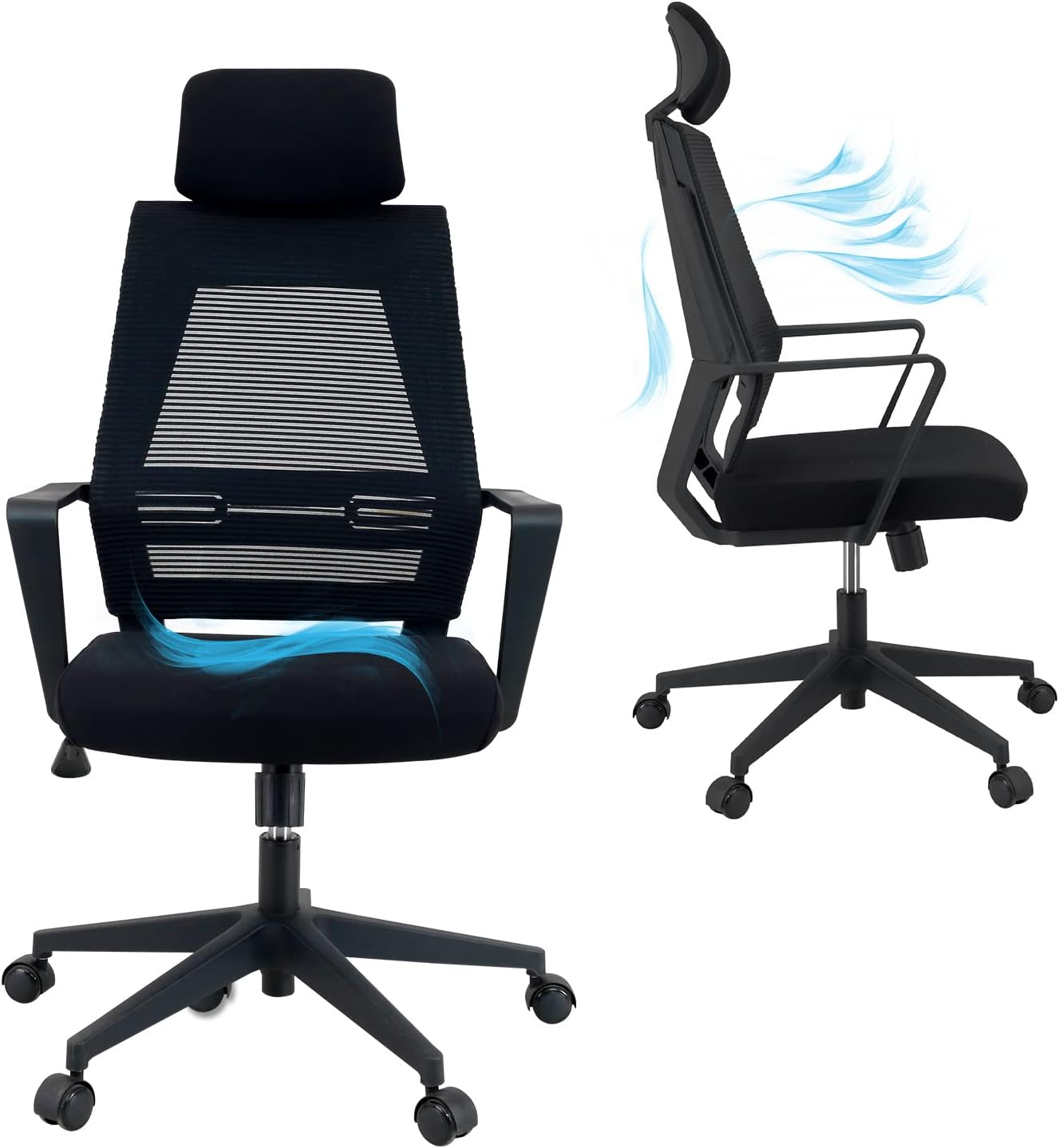 Zwei Ansichten eines schwarzen ergonomischen Bürostuhls mit Kopfstütze und Rückenlehne.