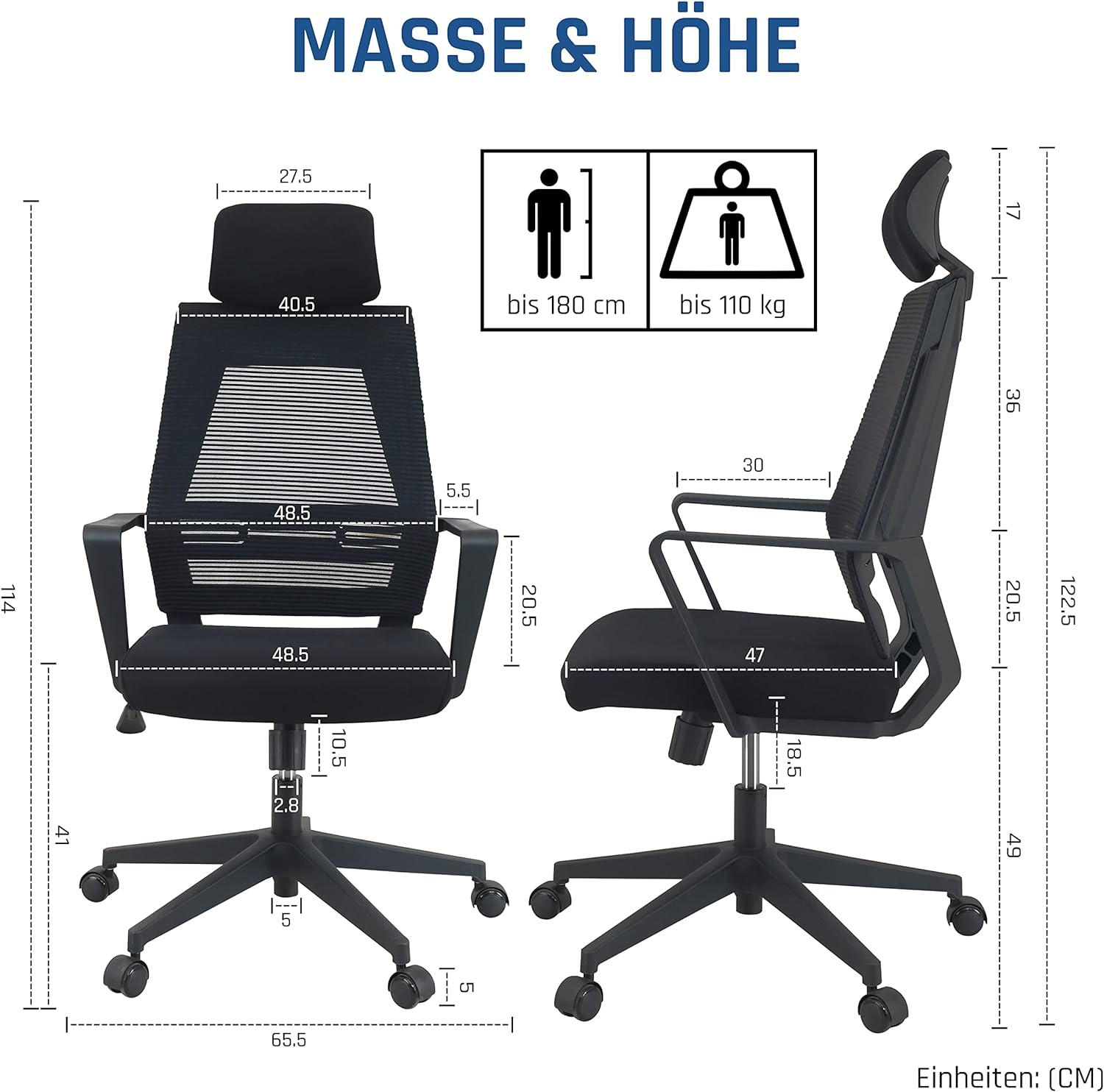 Technische Zeichnung eines schwarzen Bürostuhls. Maße sind in cm angegeben. Der Stuhl ist schwarz mit Mesh-Rücken.