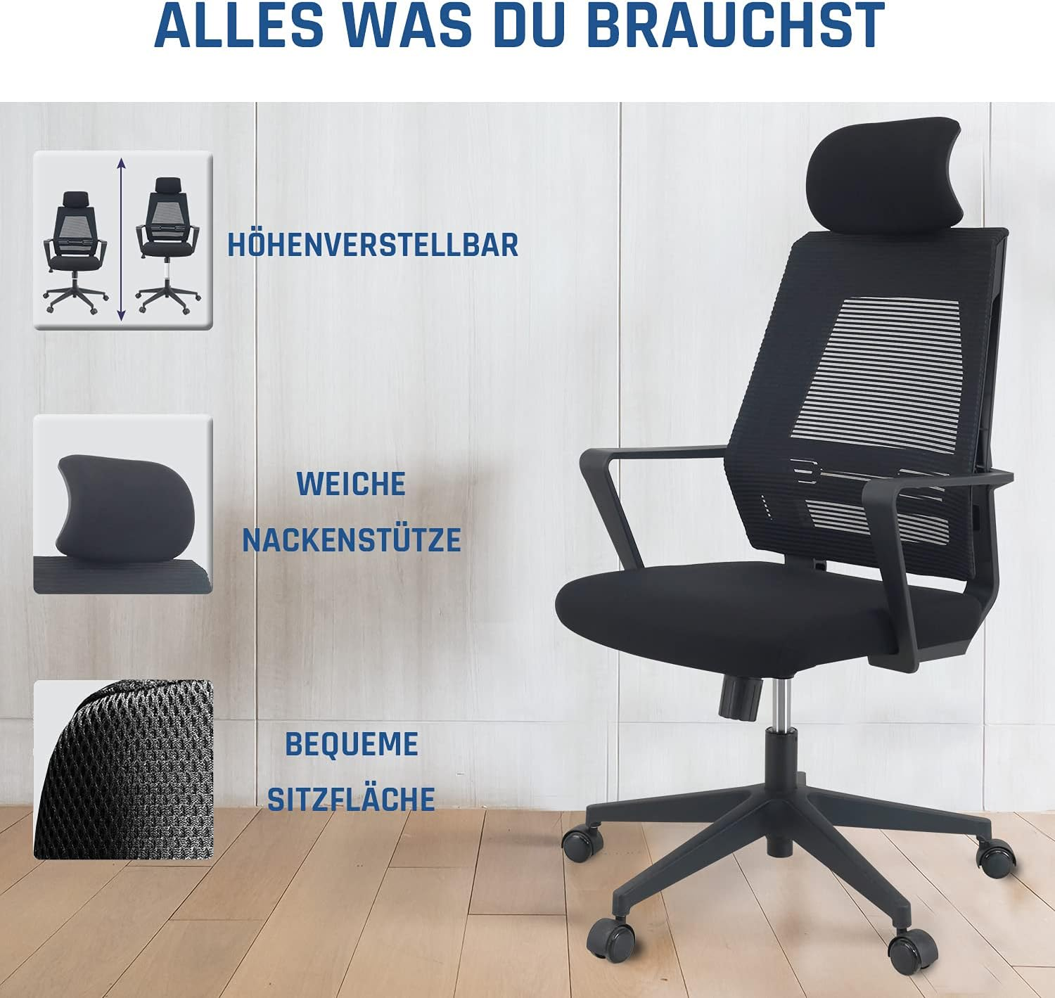 Schwarzer Bürostuhl mit Netzrücken, Kopfstütze und Armlehnen. Text mit Merkmalen.