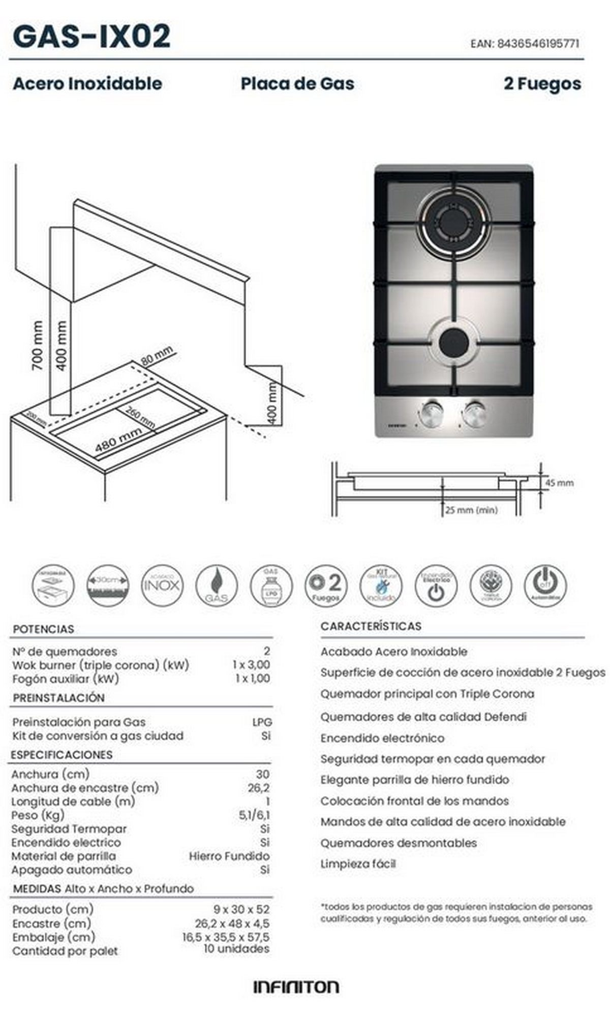 Diagrama de una placa de gas de acero inoxidable con dos quemadores, con especificaciones y dimensiones.