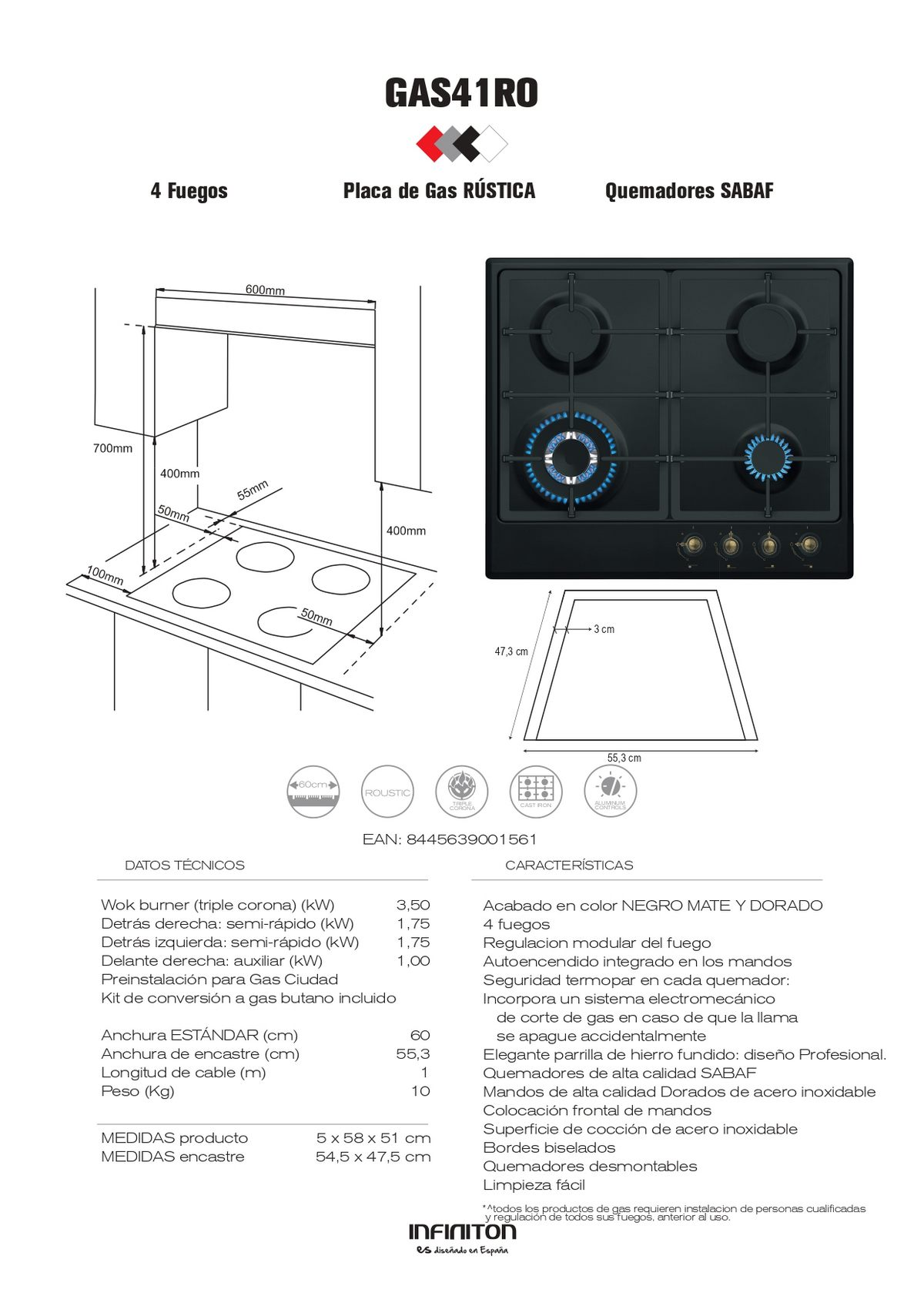 Encimera de gas con cuatro quemadores, detalles técnicos y dimensiones, acabado negro.