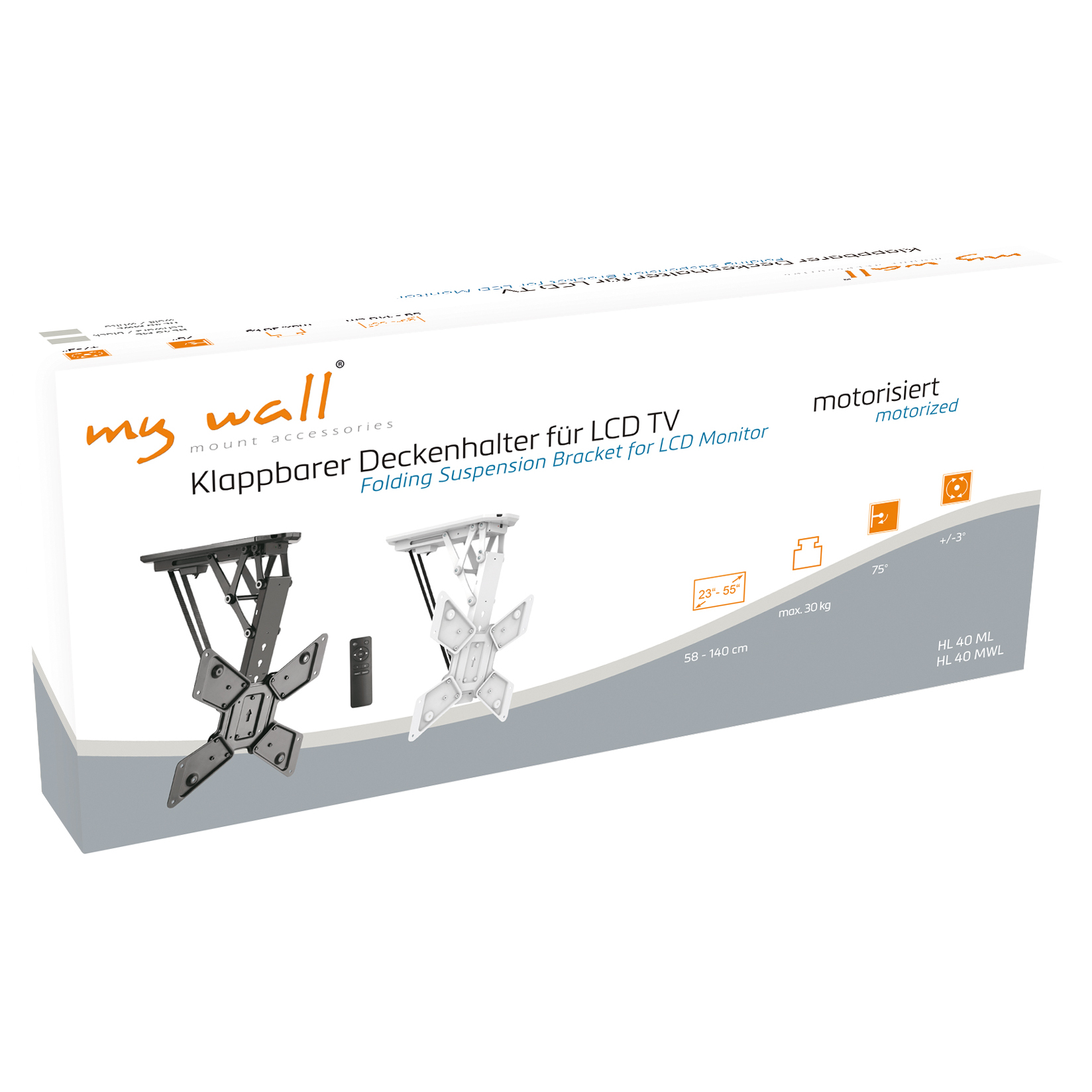Weiße und silberne klappbare Aufhängung für LCD-TV, mit Fernbedienung und Box.