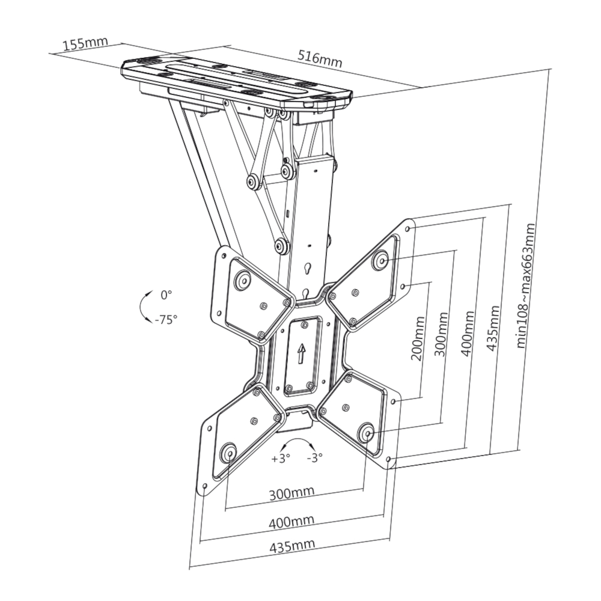 Diagramm einer TV-Halterung mit Maßen und Winkeln in mm. Schwarze Linien, weißer Hintergrund.