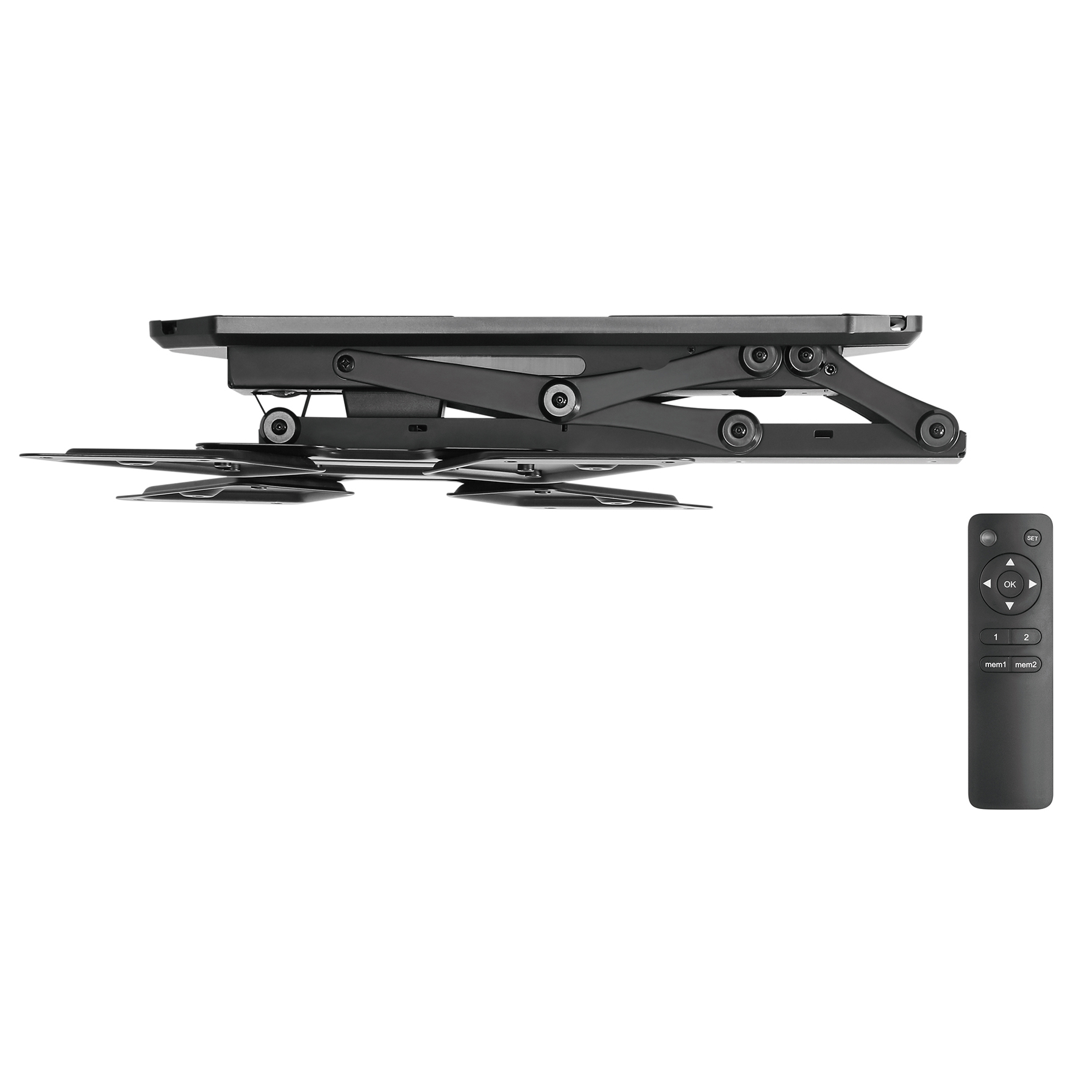 Supporto TV nero con telecomando su sfondo bianco, che mostra il suo design regolabile e la funzionalità moderna.