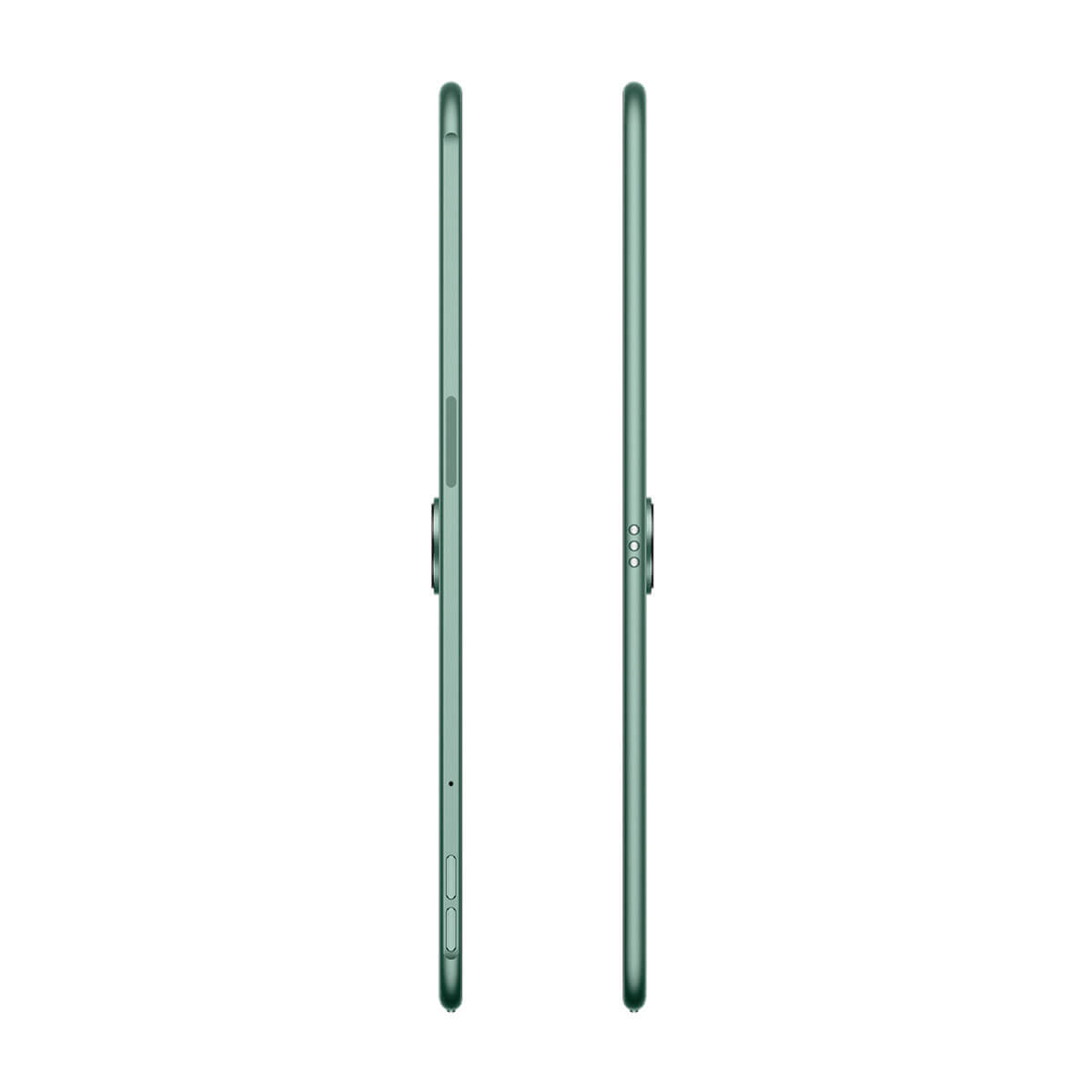 Dwa widoki boczne zielonego tabletu. Krawędzie pokazują przyciski i porty.