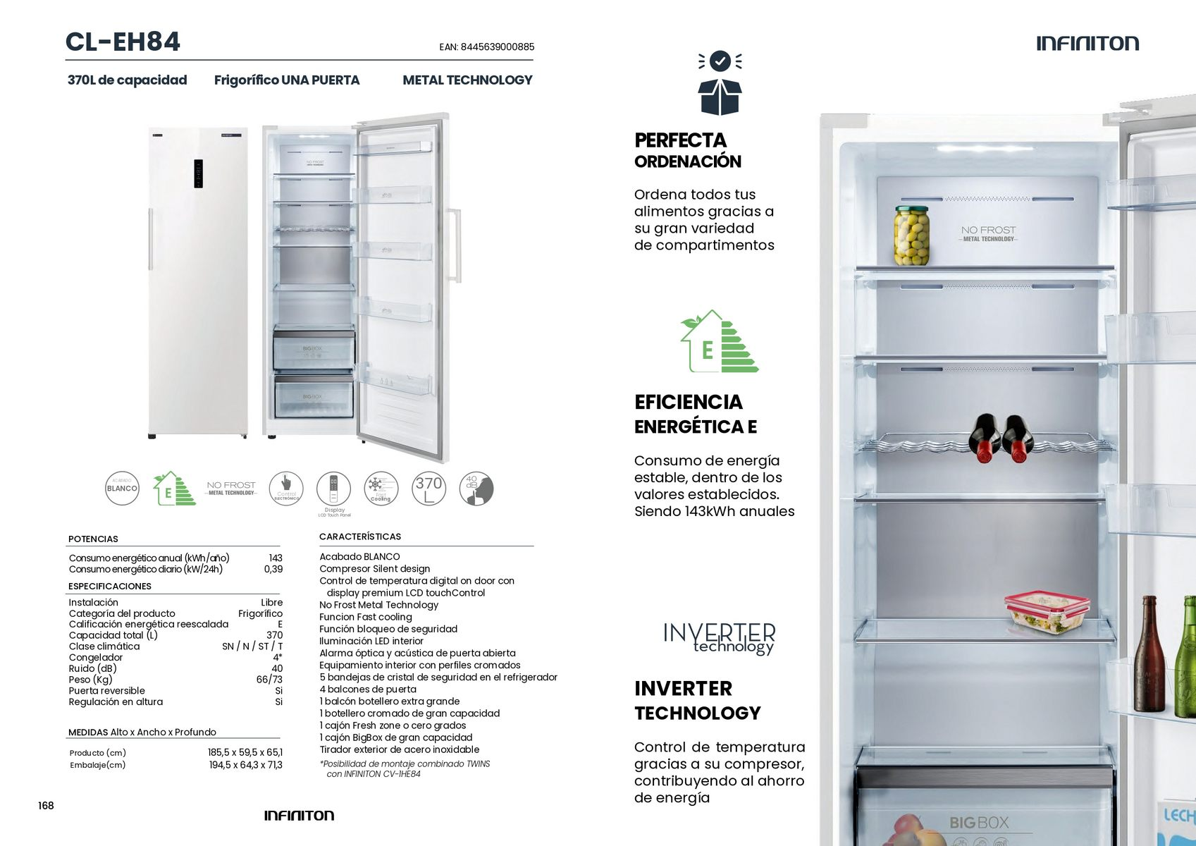 Un refrigerador con la puerta abierta, mostrando estantes y artículos dentro. Texto y diagrama a la izquierda.