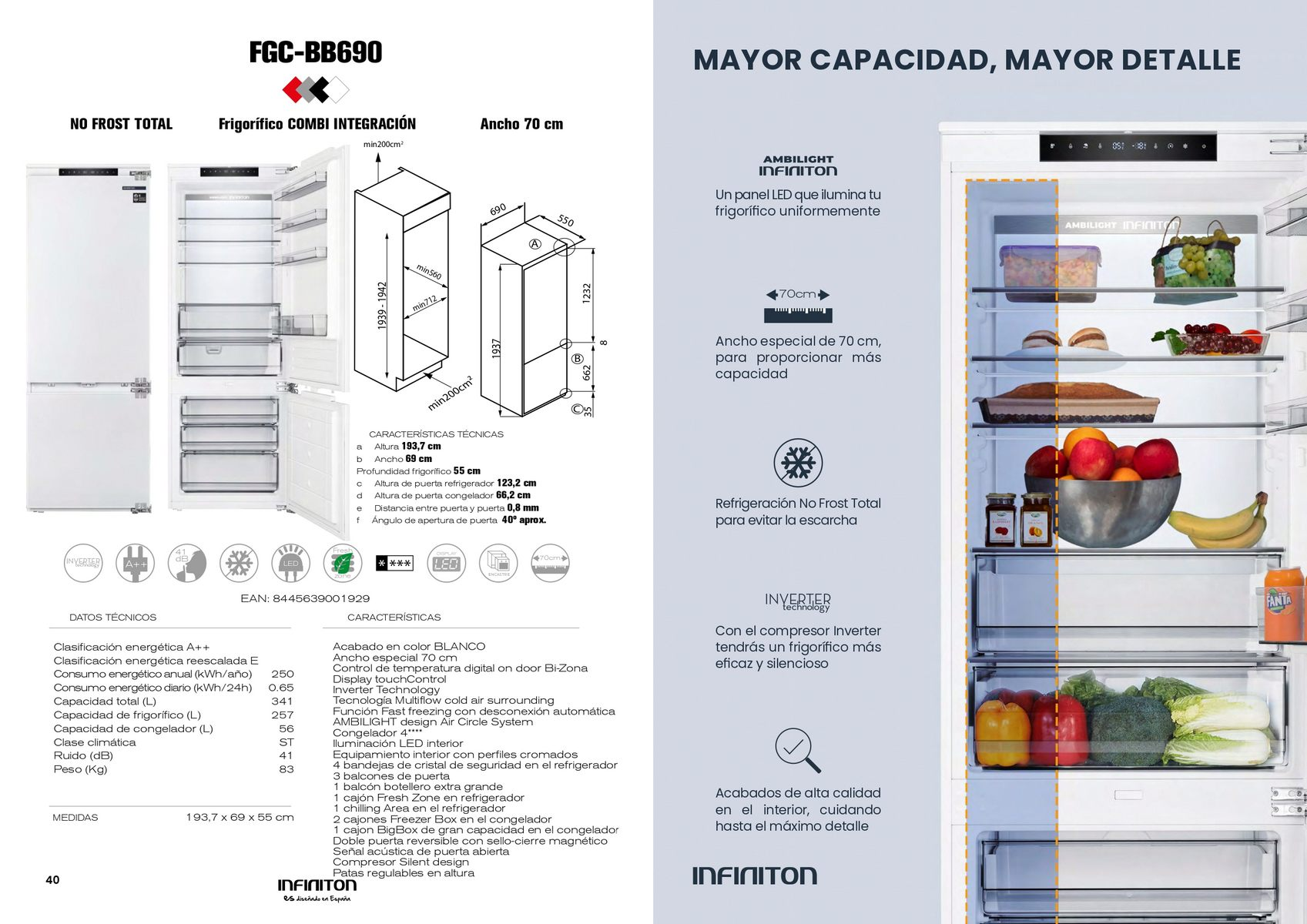 Diagrama de refrigerador blanco y plateado con texto en español.