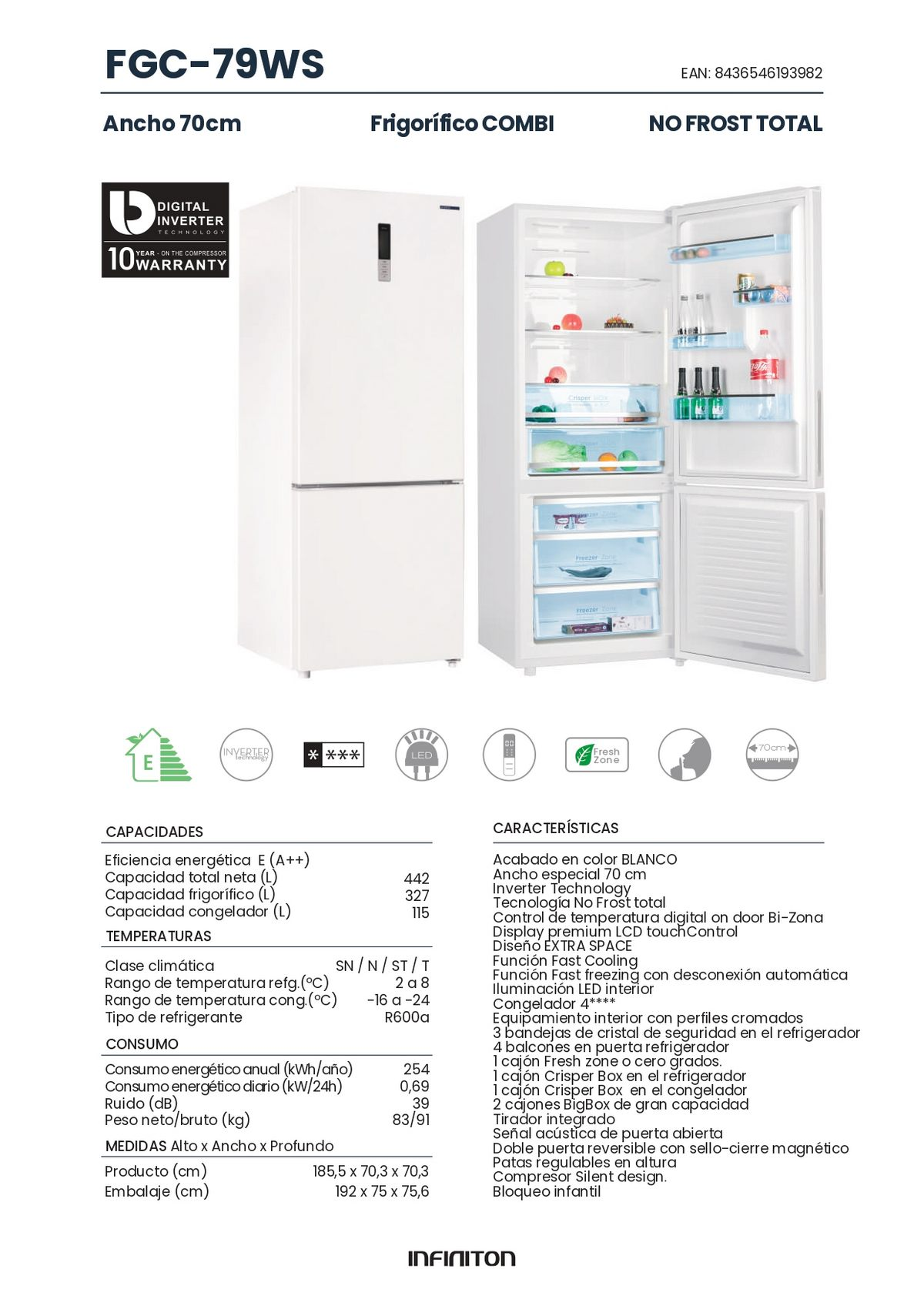 Refrigerador con puerta abierta, mostrando estantes y contenido, con texto y detalles al lado.