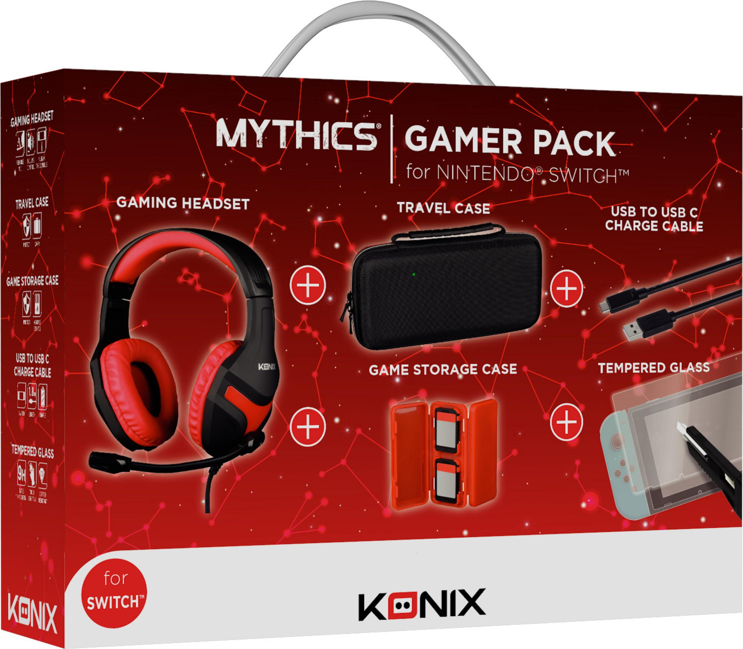 Confezione gioco con cuffie, custodia da viaggio, custodia per giochi e cavo per Switch.