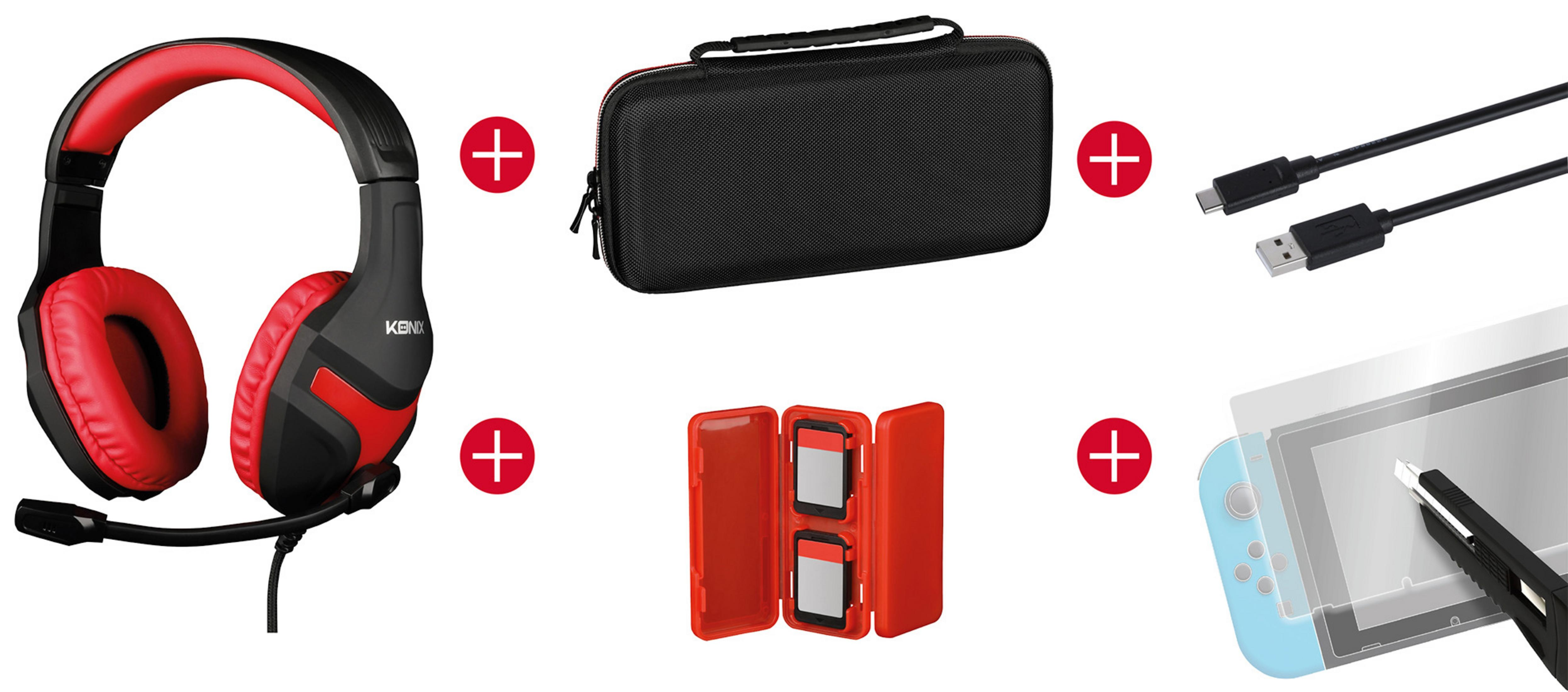 Un set di accessori per il gaming tra cui cuffie rosse e nere, una custodia e cavi.