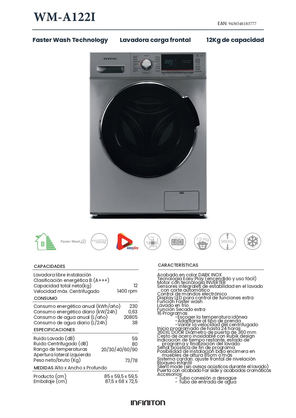 Una lavadora, mostrando sus características y especificaciones en español.