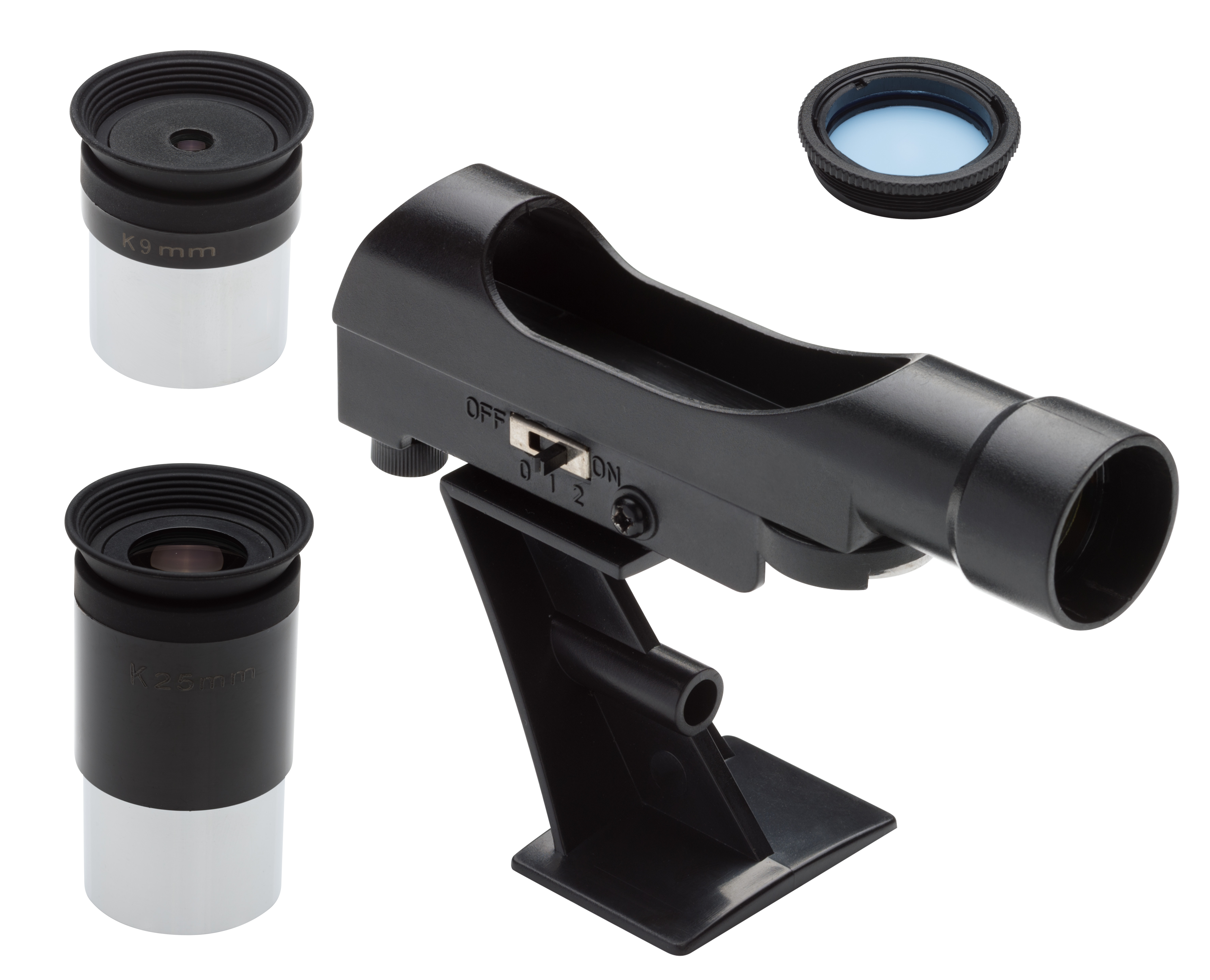 Un telescopio con oculares. Un lado tiene tres oculares y el otro el telescopio.