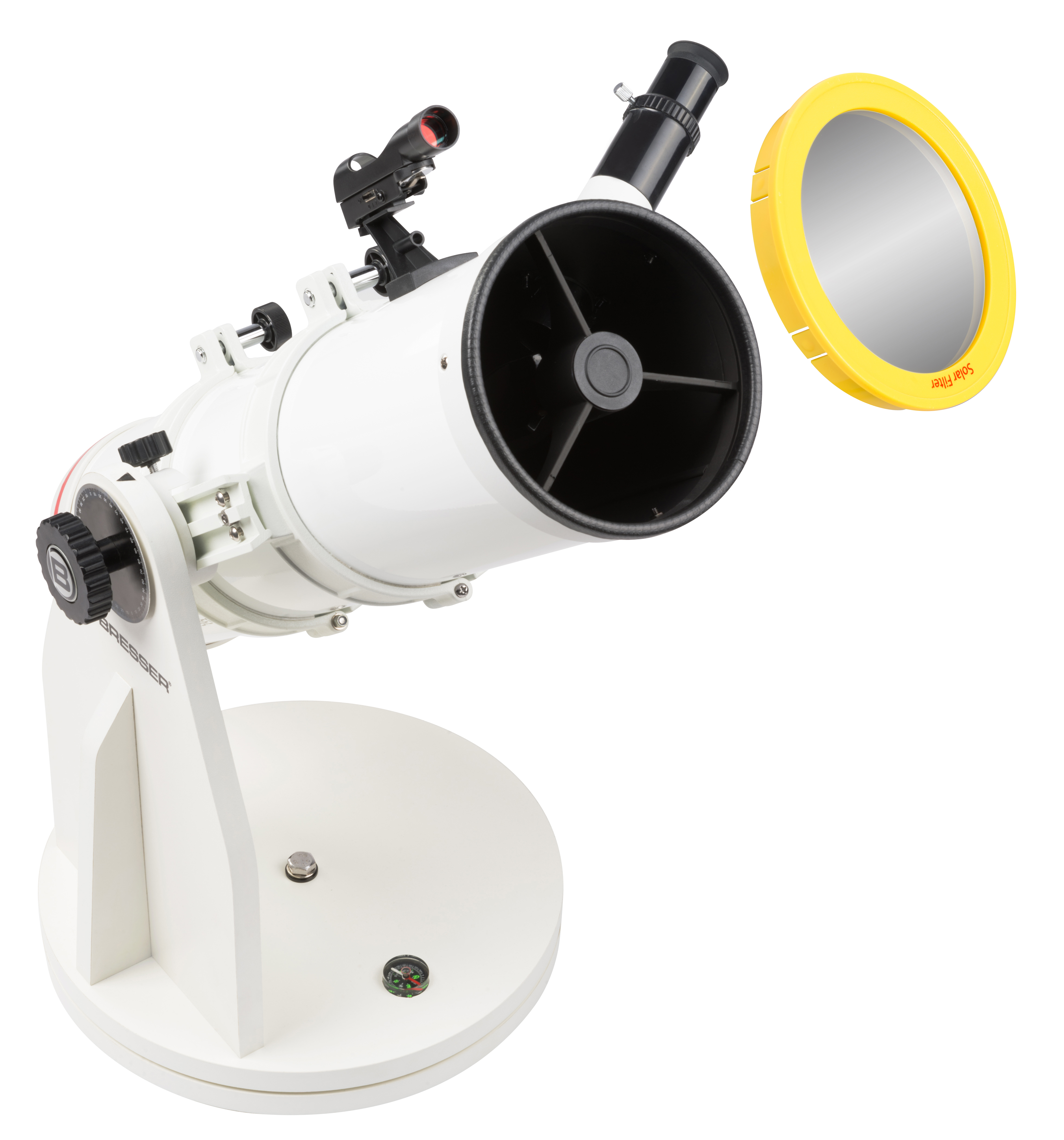 Telescopio blanco con filtro solar amarillo sobre fondo blanco.