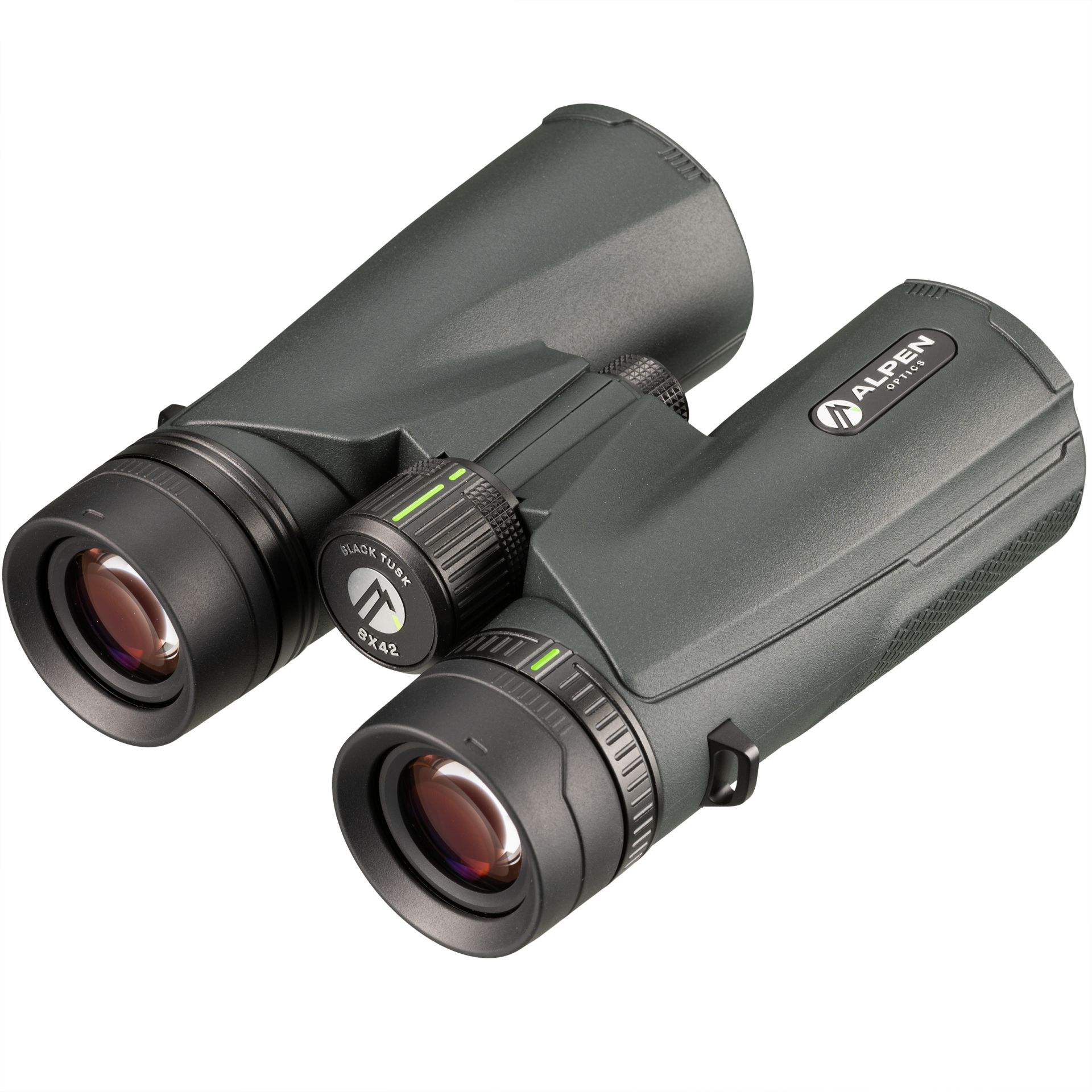 Prismáticos gris oscuro con rueda de enfoque central y marca 'Alpen Optics'.
