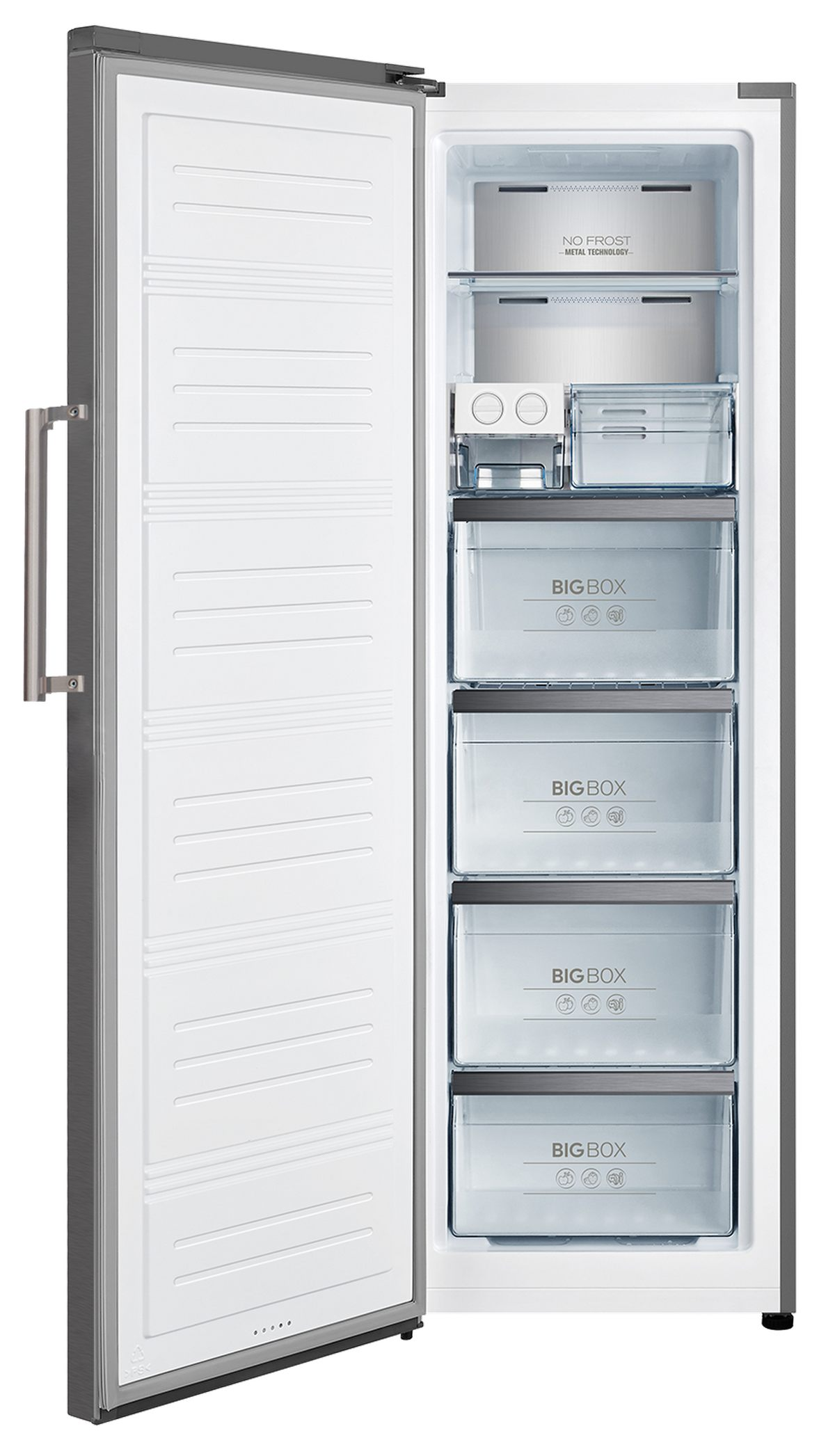 Congelador abierto que muestra el almacenamiento con cajones etiquetados 'BIG BOX' y detalles interiores.