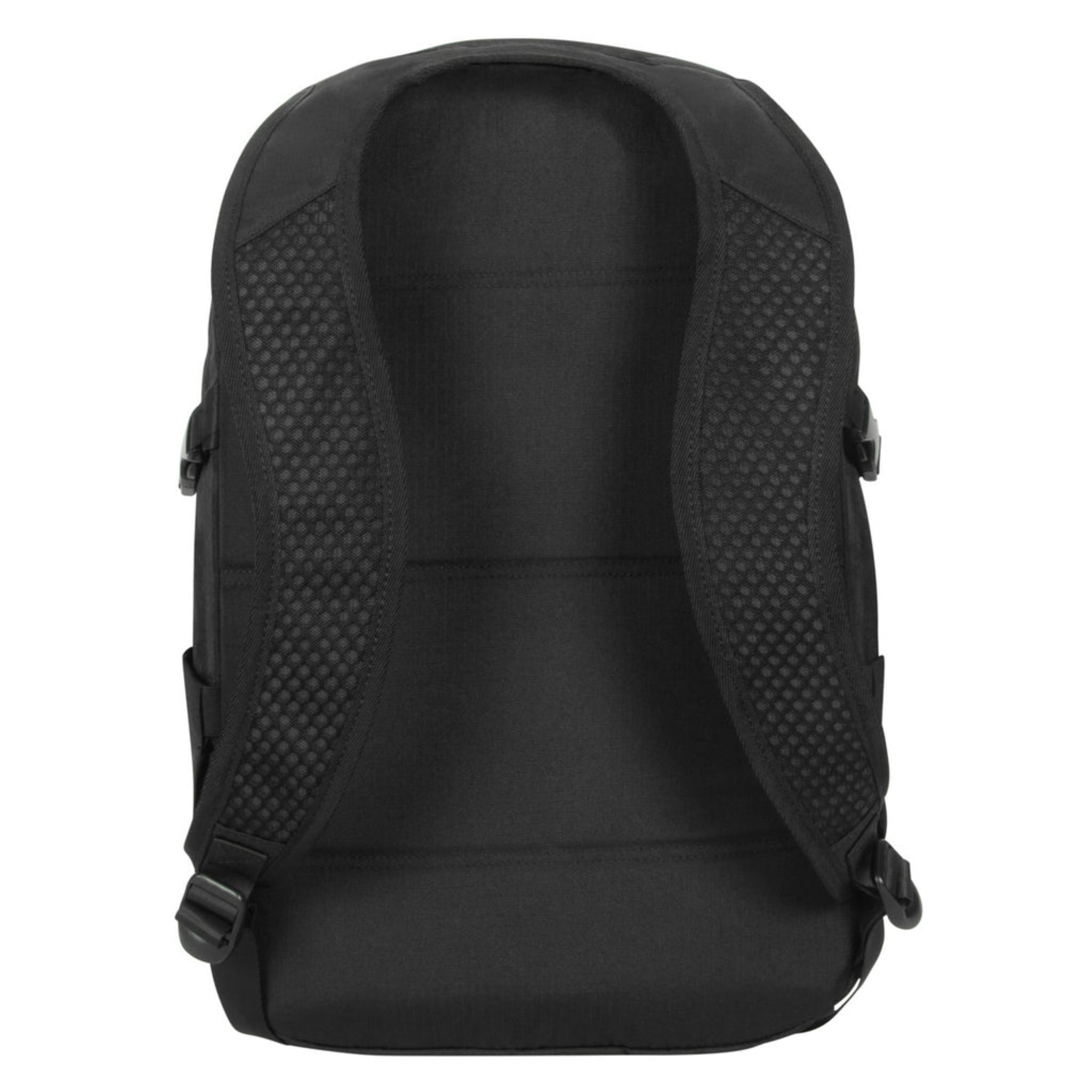 Mochila negra desde atrás. Correas y panel trasero visibles. Fondo blanco.