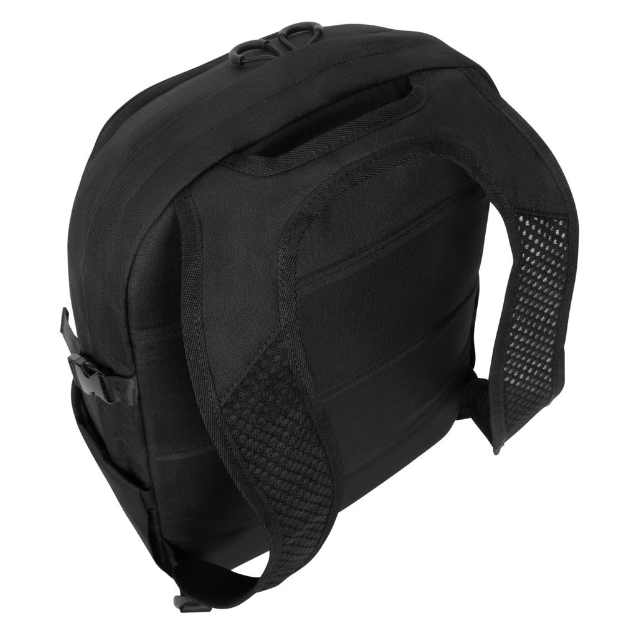 Mochila negra, vista trasera, detalles de malla.
