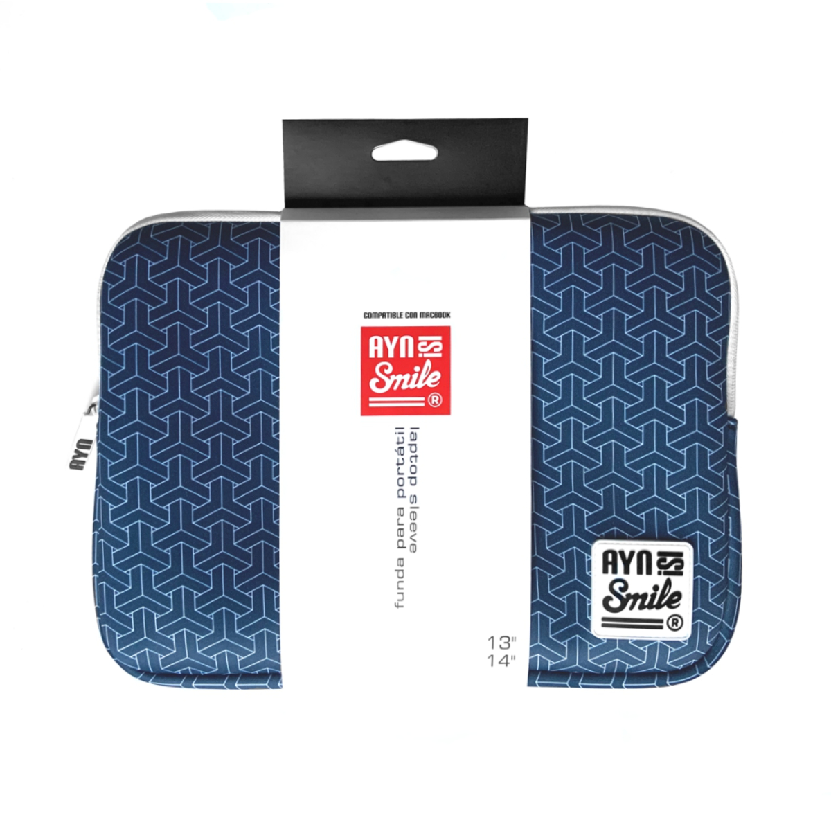 Funda para portátil con patrón geométrico azul y blanco, logo AYN Smile.