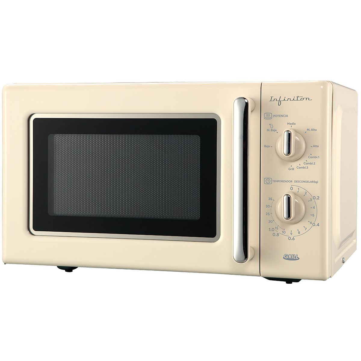Microondas Infiniton beige con puerta negra. Controles de potencia y temporizador a la derecha.