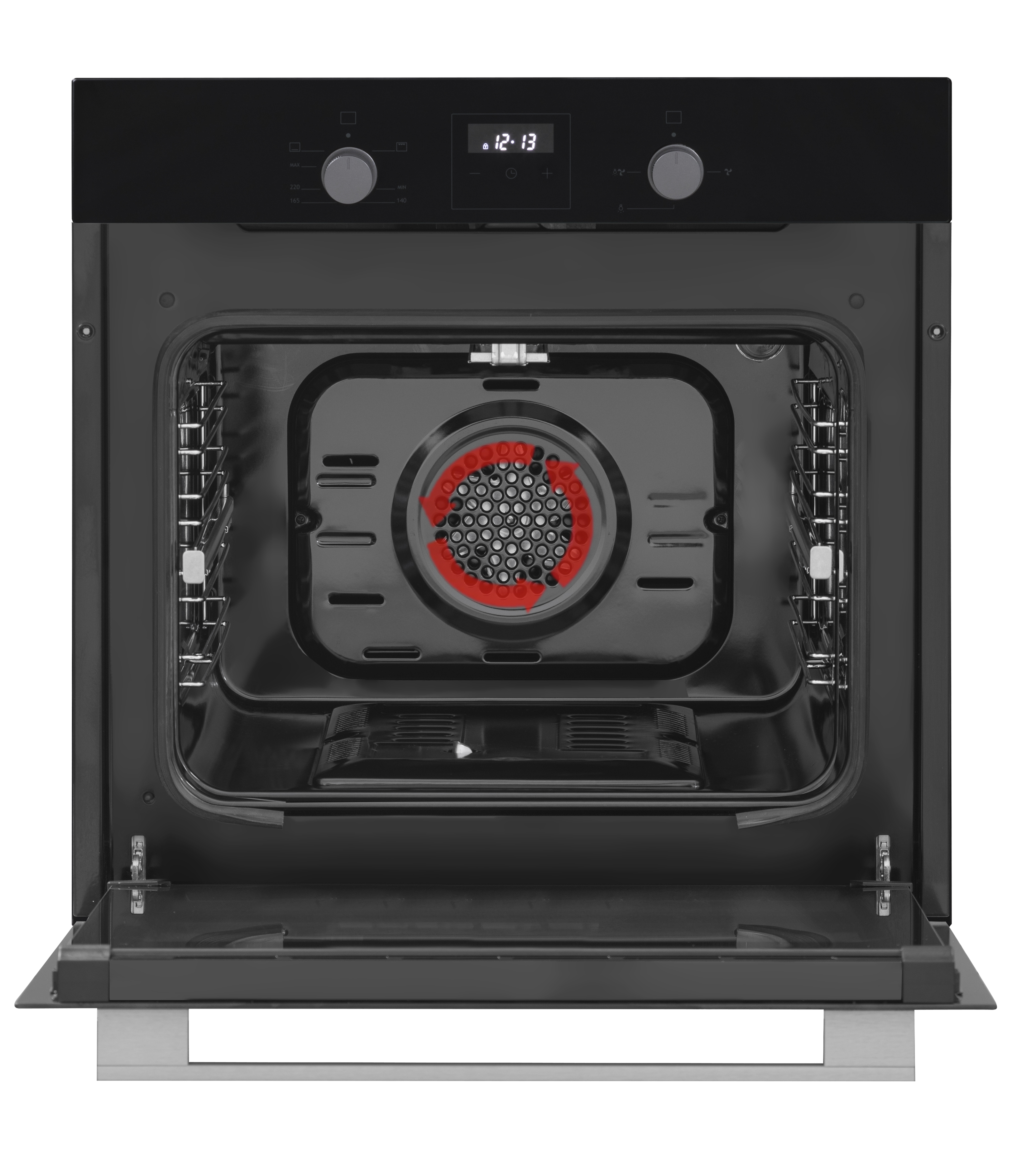 Interior de horno negro, puerta abierta. Elemento calefactor rojo visible. Perillas y pantalla arriba.