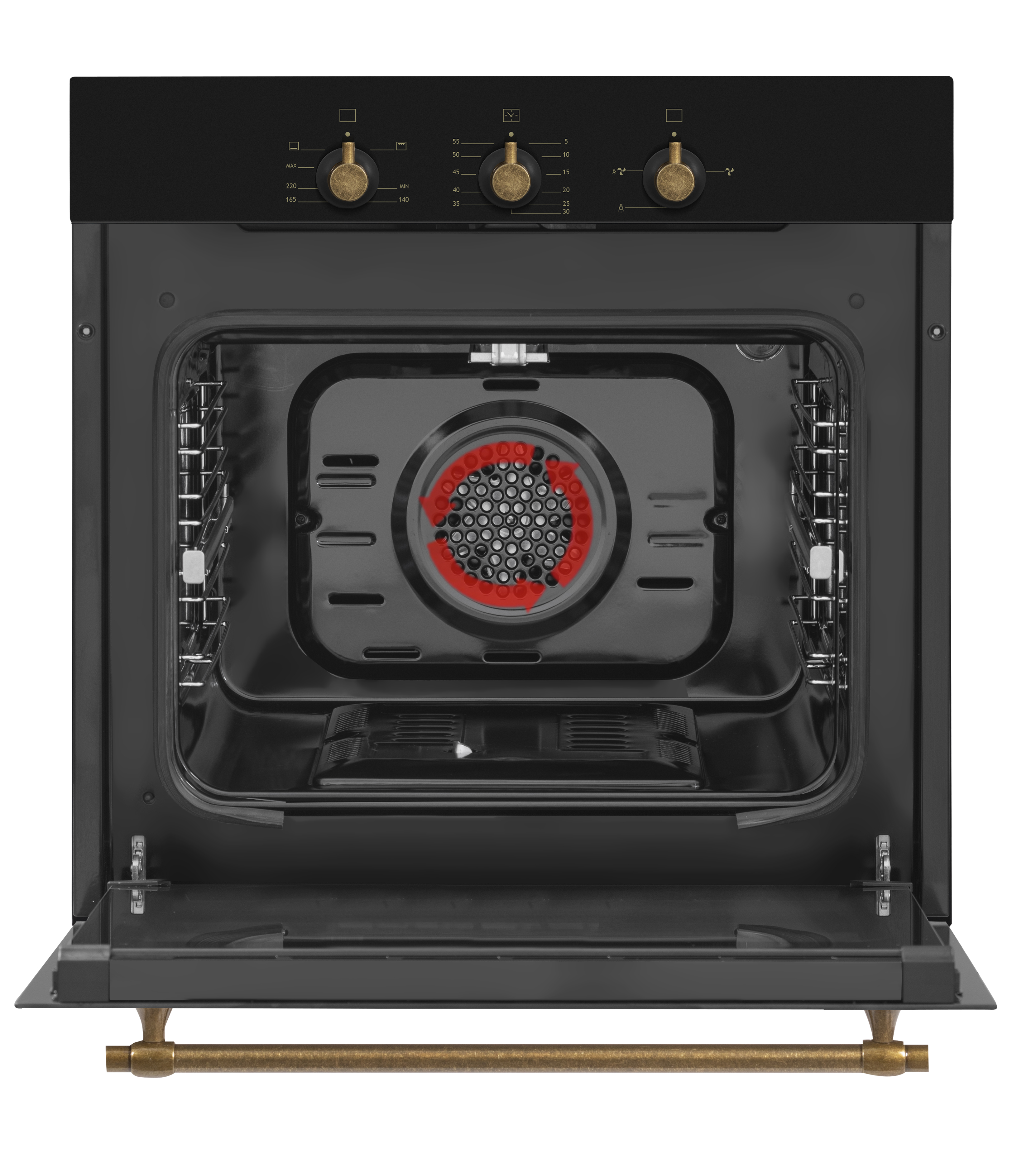 Un horno negro abierto con un asa dorada. El interior muestra un elemento calefactor rojo y rejillas.
