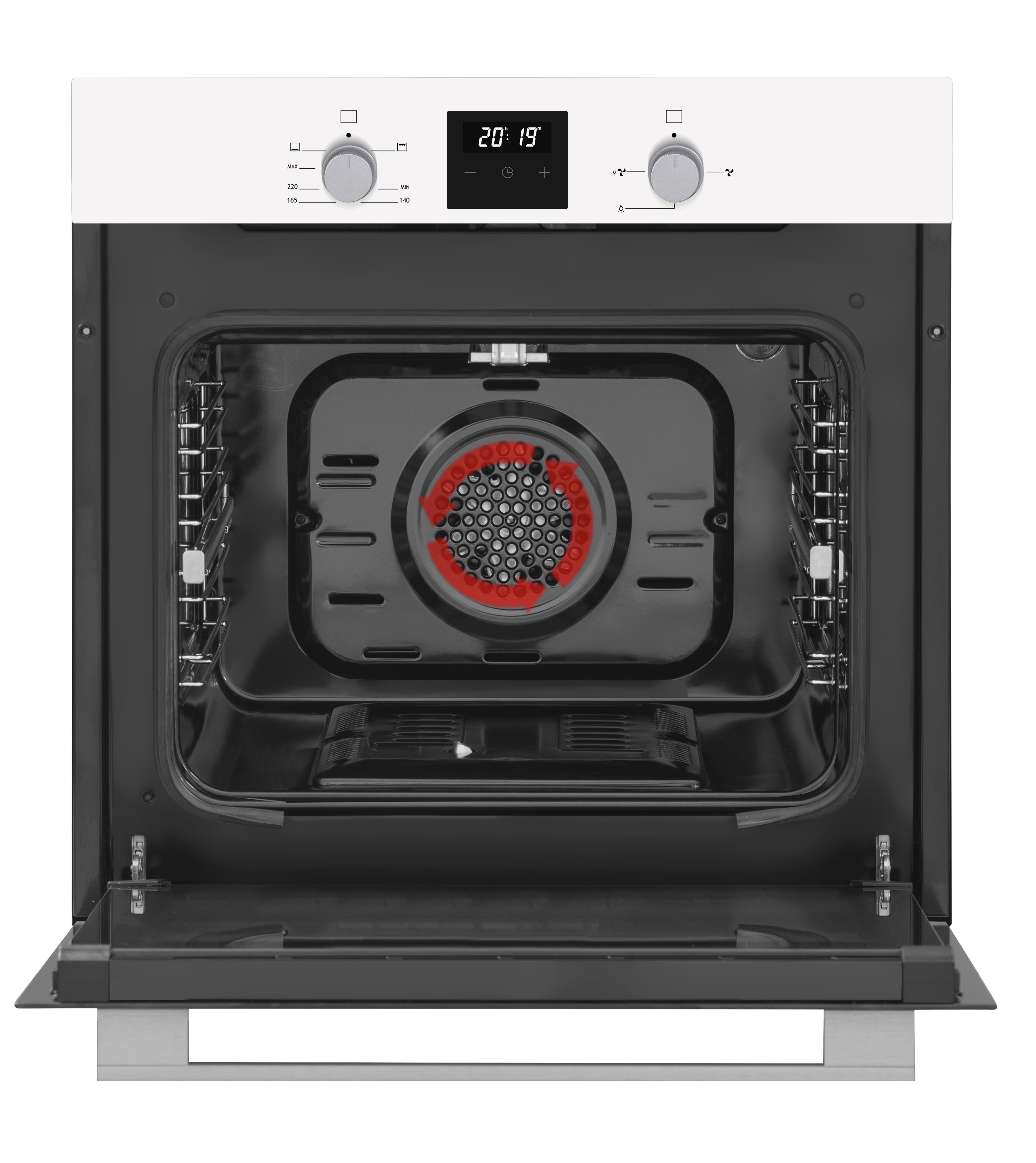 Un horno con la puerta abierta, luces interiores y una pantalla digital.