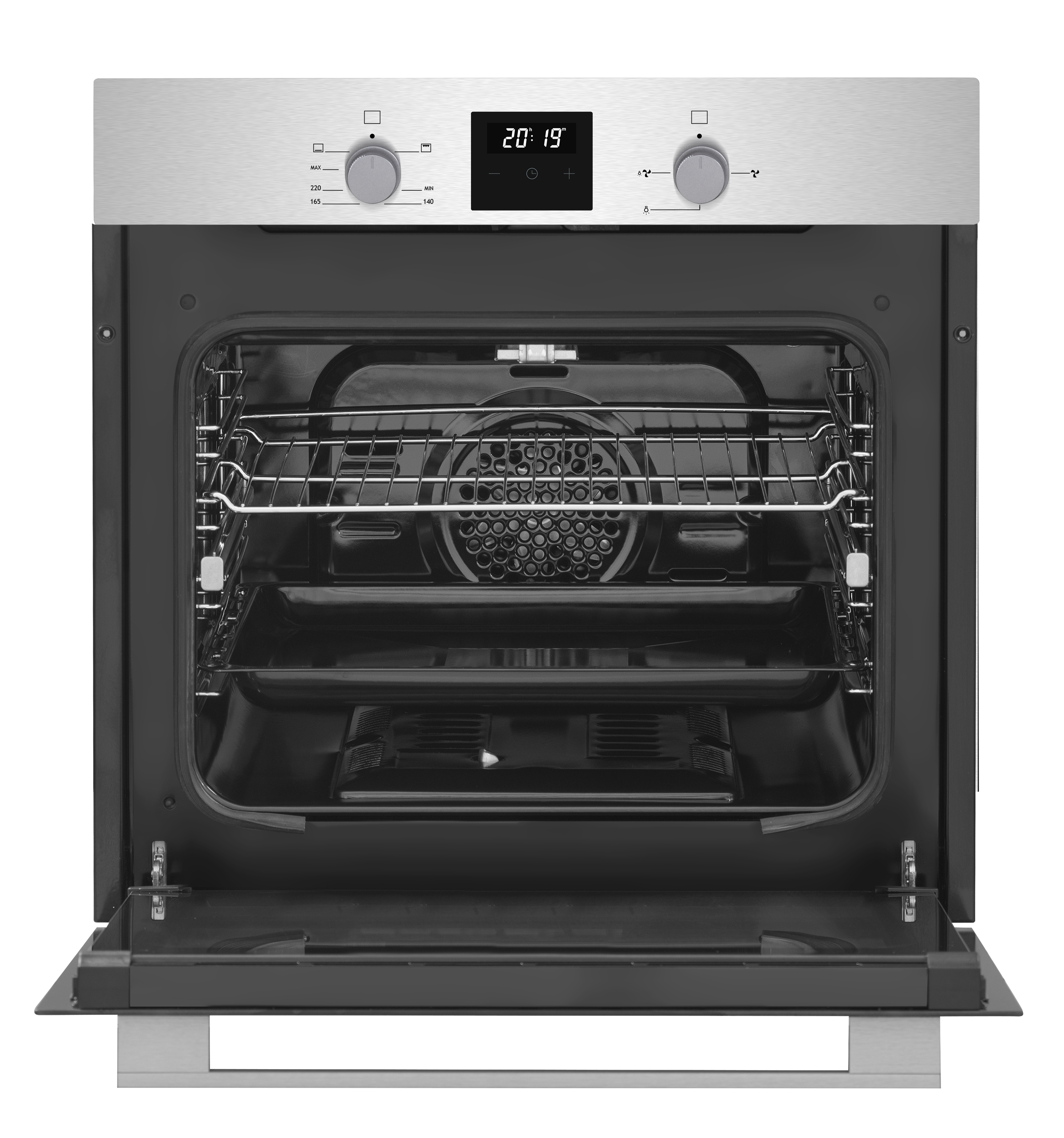 Horno abierto con rejillas interiores y una pantalla digital que muestra la hora.